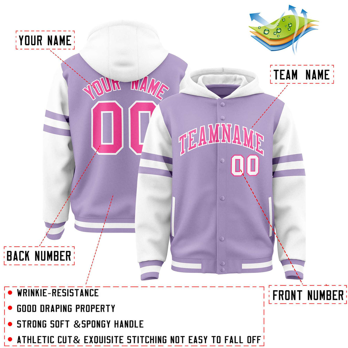 Custom Light Purple White Raglan Sleeves Varsity Full-Snap Letterman Three Stripes Jacket Hoodie| KXKSHOP