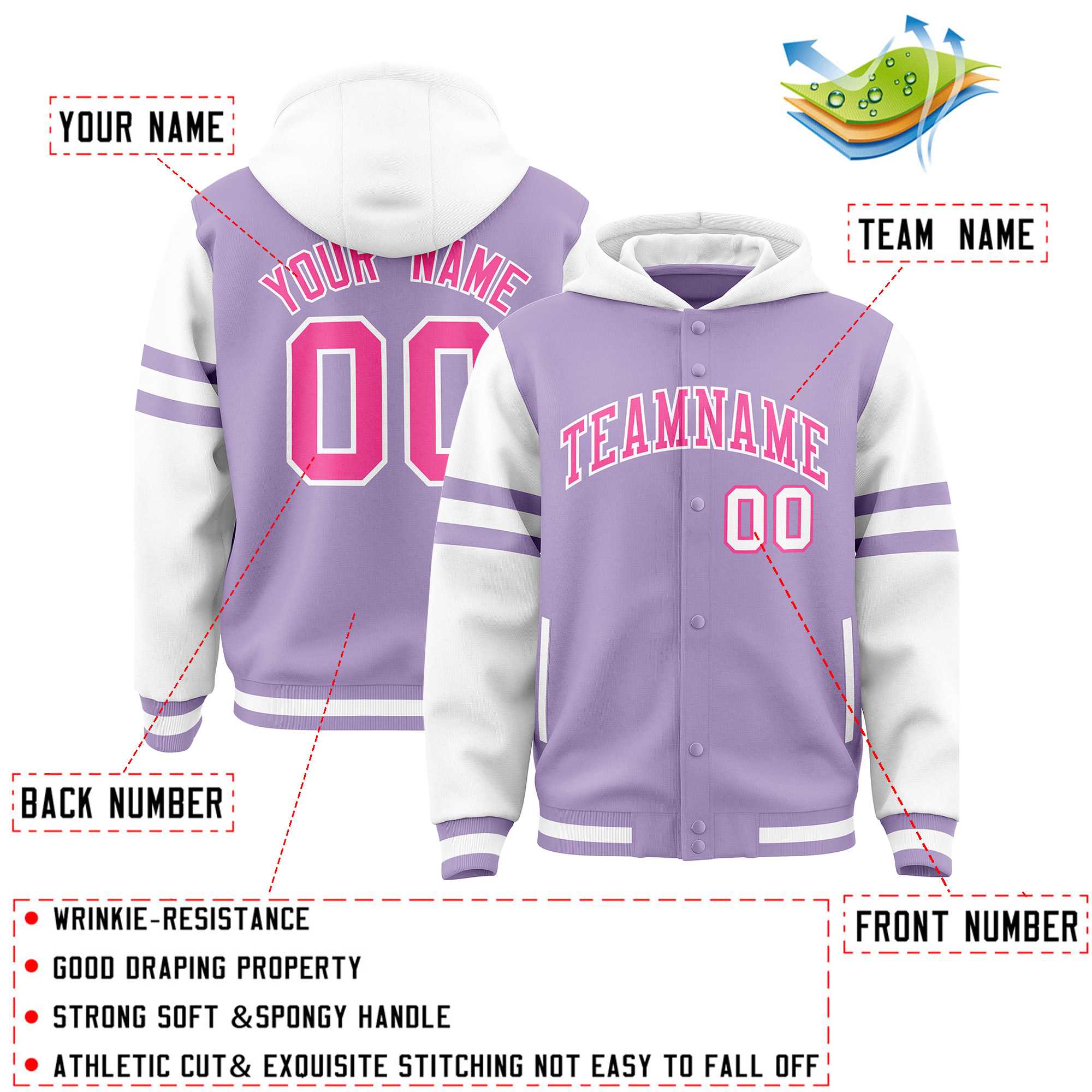 Custom Light Purple White Raglan Sleeves Varsity Full-Snap Letterman Three Stripes Jacket Hoodie| KXKSHOP