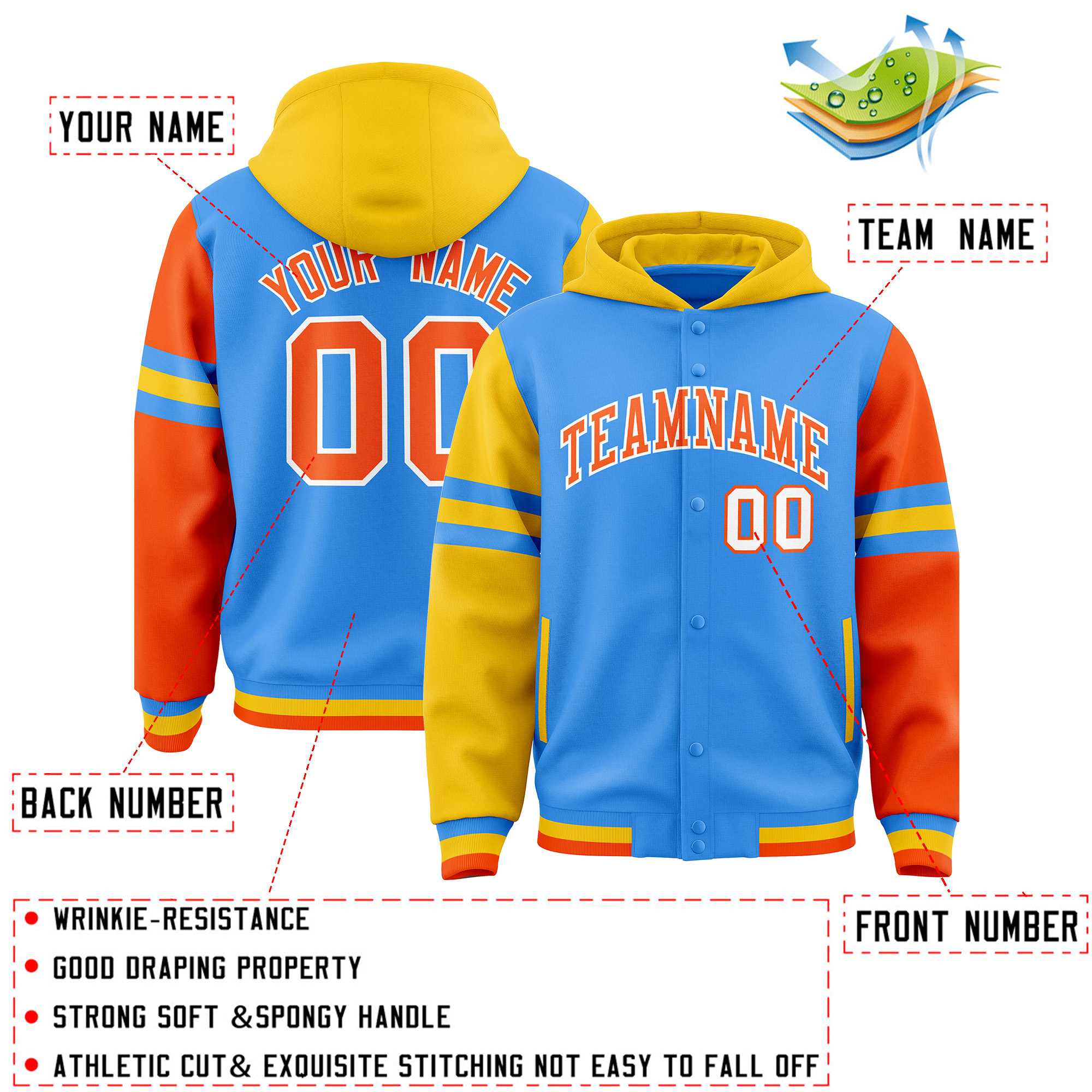 Custom Powder Blue Gold-Orange Raglan Sleeves Varsity Full-Snap Letterman Three Stripes Jacket Hoodie| KXKSHOP