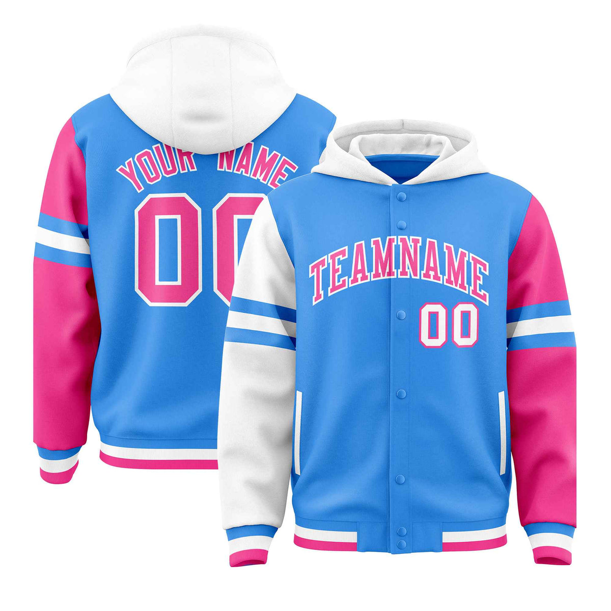 Custom Powder Blue White-Pink Raglan Sleeves Varsity Full-Snap Letterman Three Stripes Jacket Hoodie| KXKSHOP