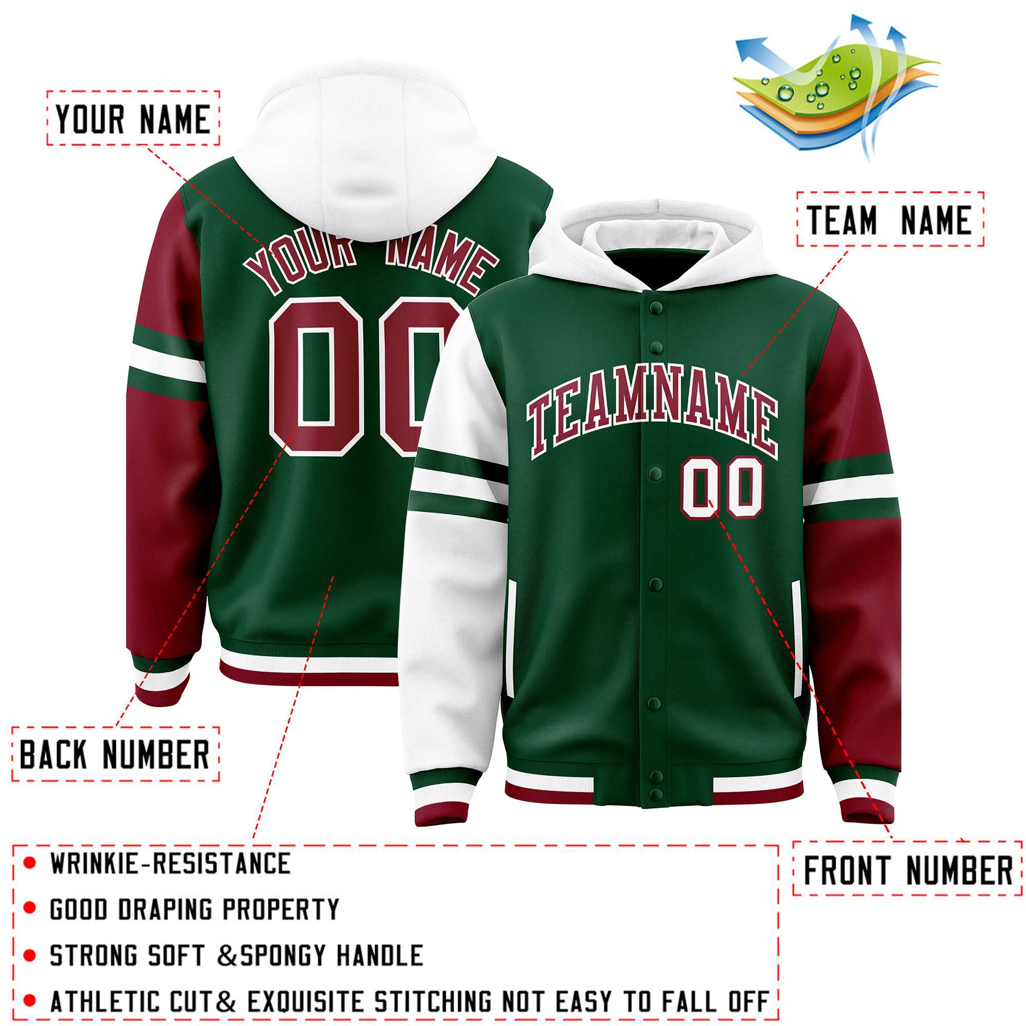 Custom Green White-Crimson Raglan Sleeves Varsity Full-Snap Letterman Three Stripes Jacket Hoodie| KXKSHOP