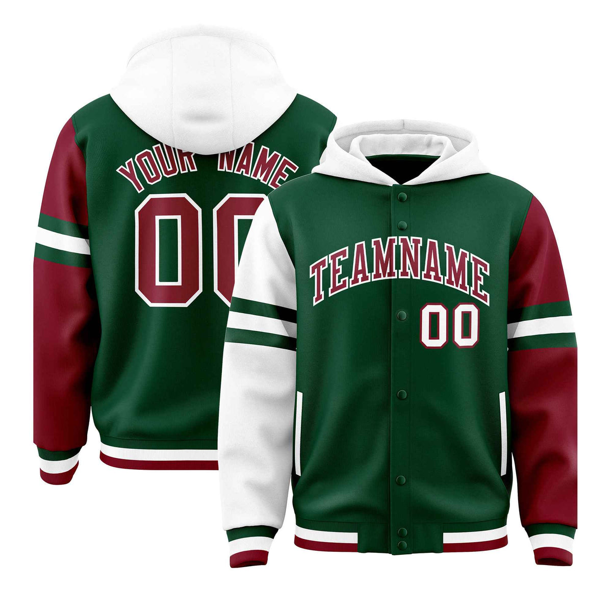 Custom Green White-Crimson Raglan Sleeves Varsity Full-Snap Letterman Three Stripes Jacket Hoodie| KXKSHOP