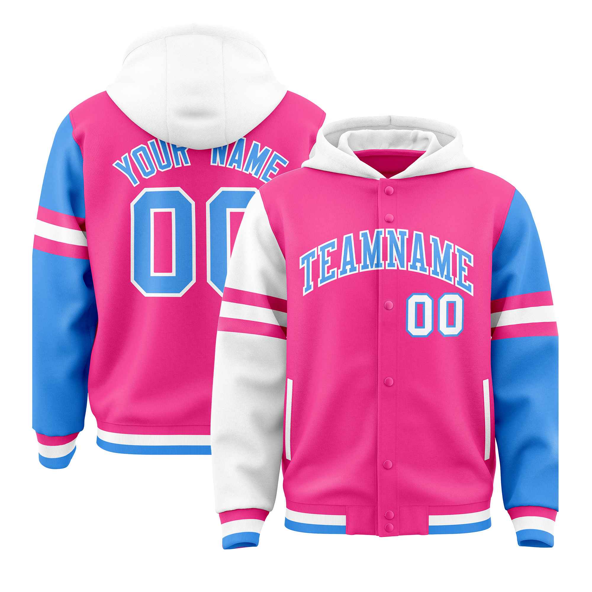 Custom Pink White-Powder Blue Raglan Sleeves Varsity Full-Snap Letterman Three Stripes Jacket Hoodie| KXKSHOP