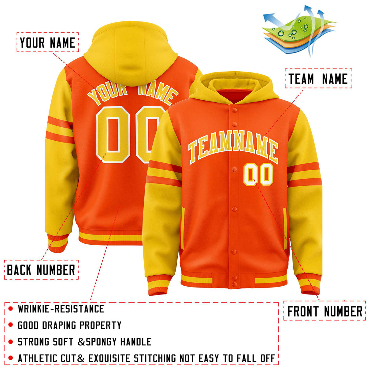 Custom Orange Gold Raglan Sleeves Varsity Full-Snap Letterman Three Stripes Jacket Hoodie| KXKSHOP
