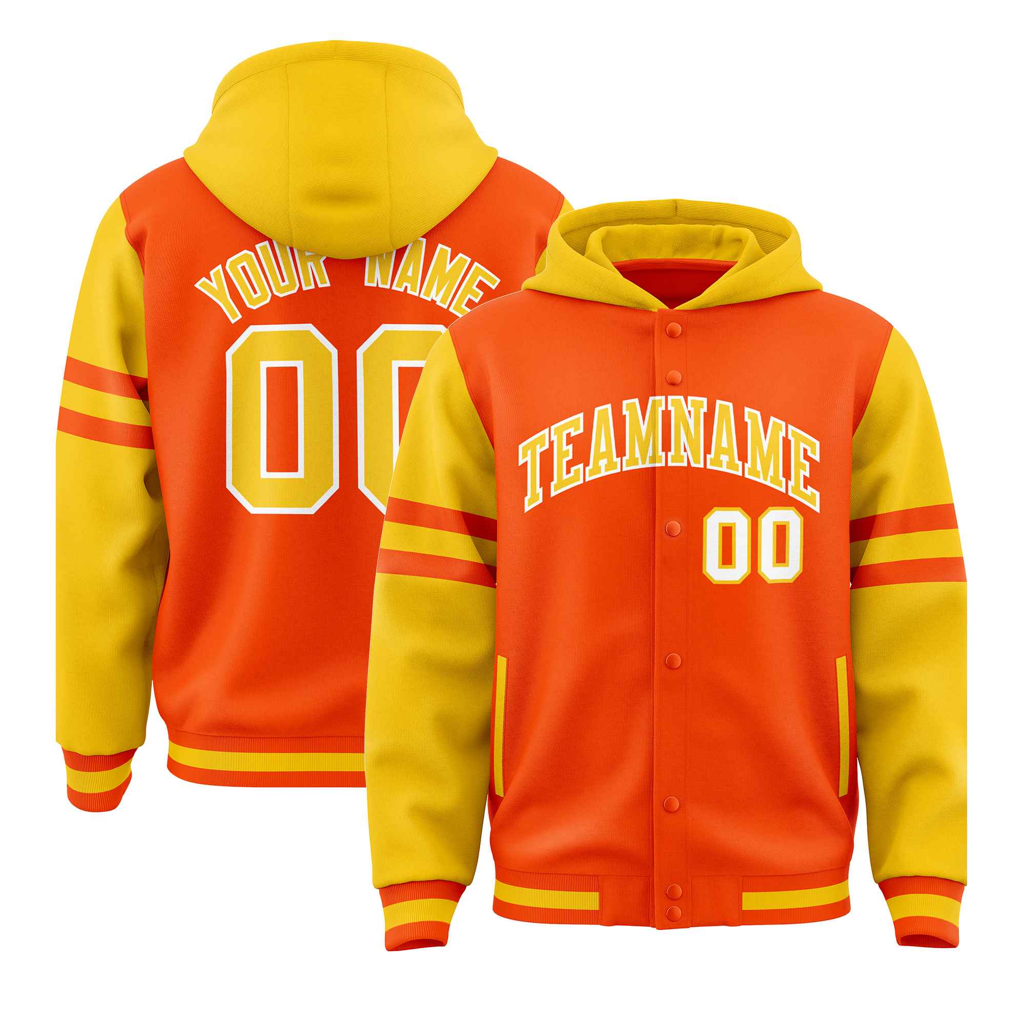 Custom Orange Gold Raglan Sleeves Varsity Full-Snap Letterman Three Stripes Jacket Hoodie| KXKSHOP