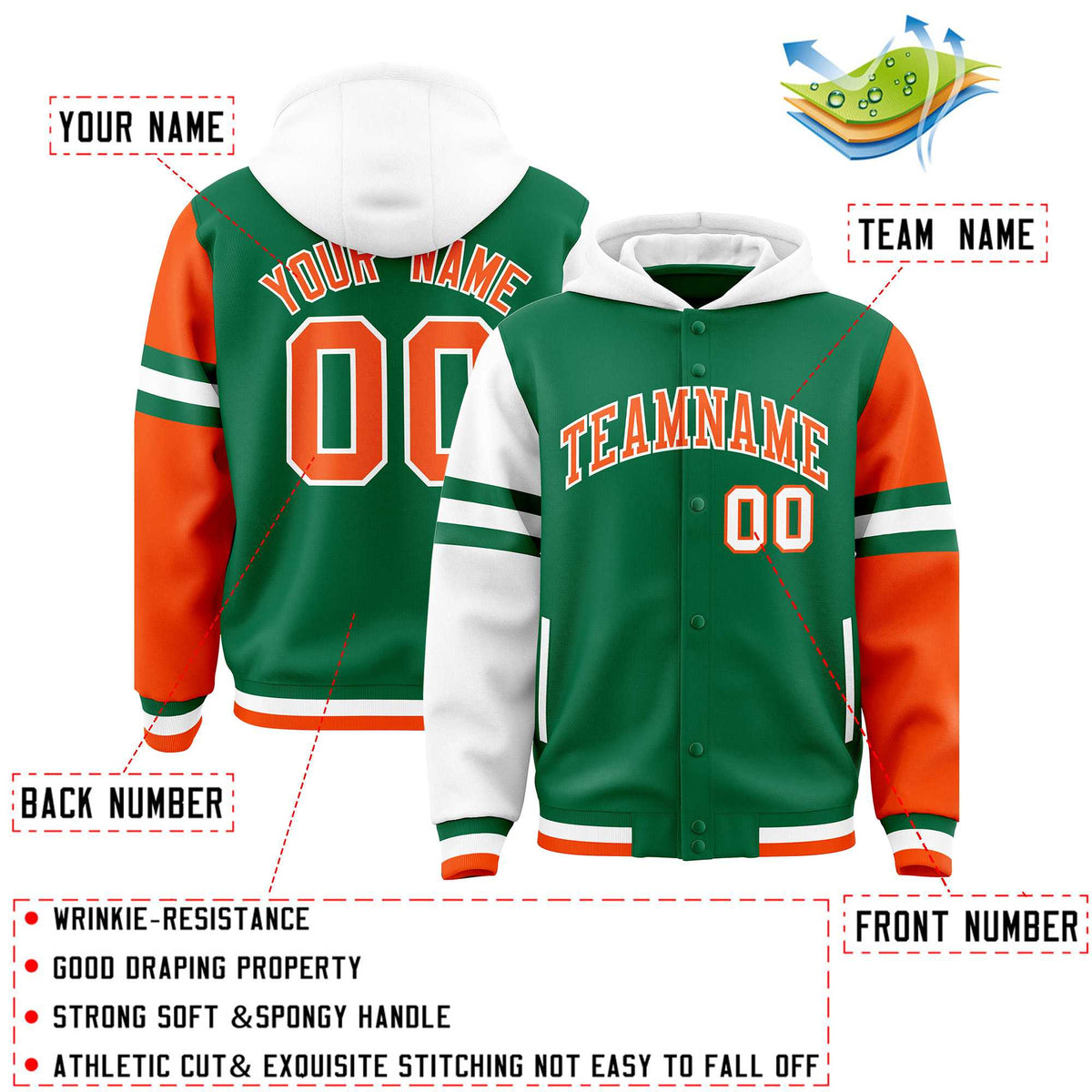 Custom Kelly Green White-Orange Raglan Sleeves Varsity Full-Snap Letterman Three Stripes Jacket Hoodie| KXKSHOP