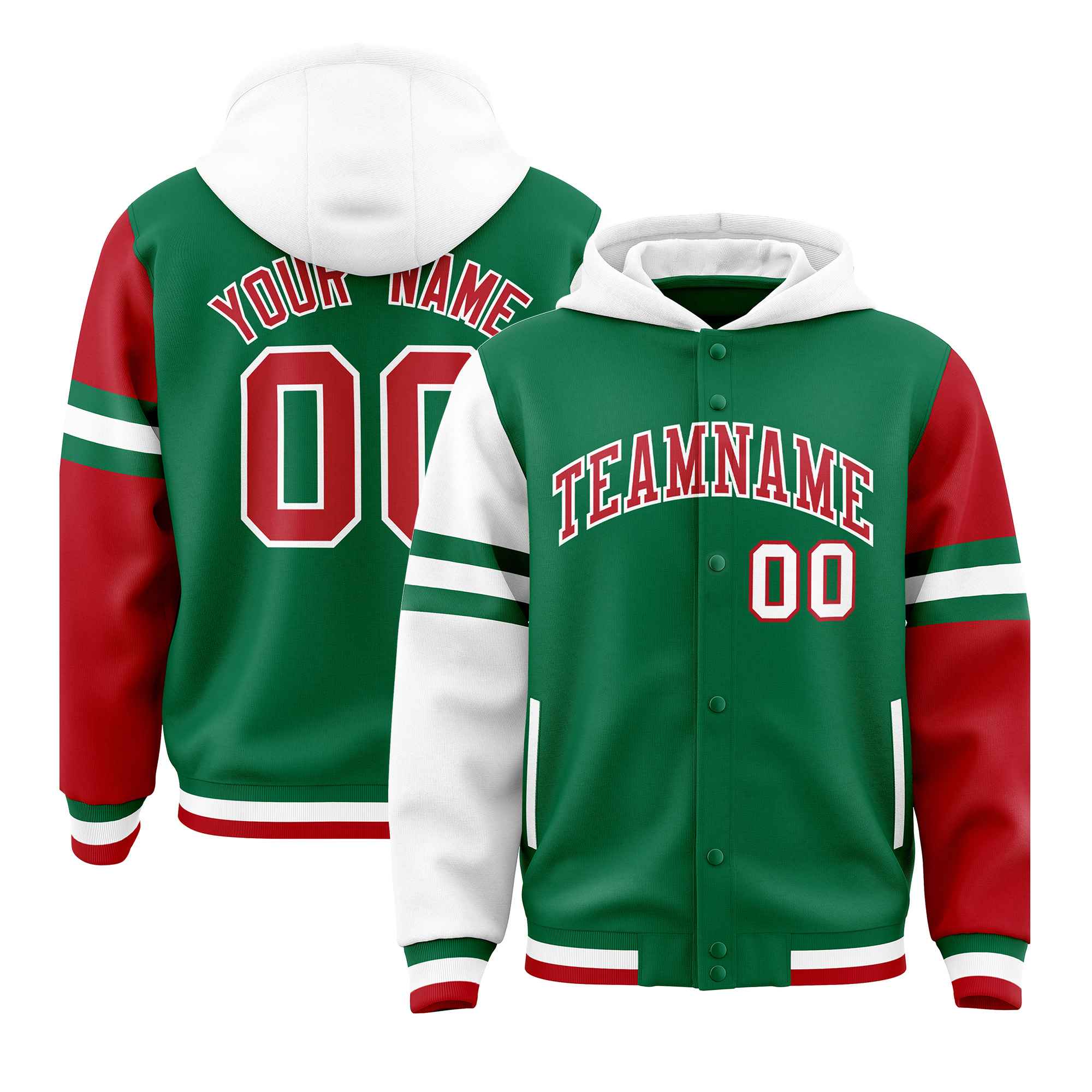 Custom Kelly Green White-Red Raglan Sleeves Varsity Full-Snap Letterman Three Stripes Jacket Hoodie| KXKSHOP
