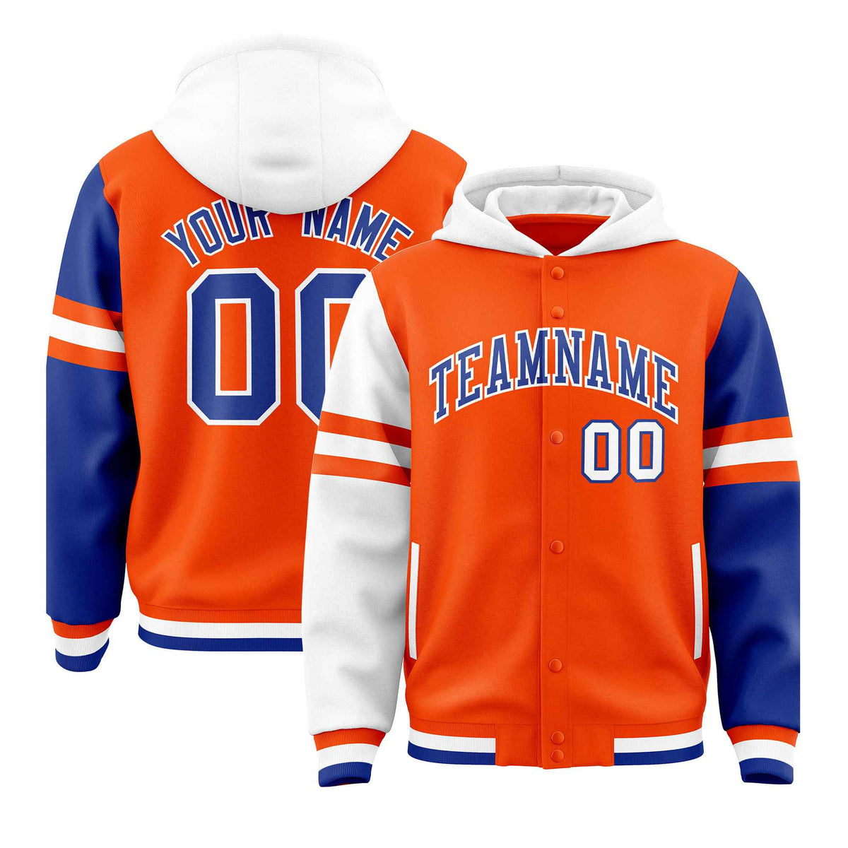 Custom Orange White-Royal Raglan Sleeves Varsity Full-Snap Letterman Three Stripes Jacket Hoodie| KXKSHOP