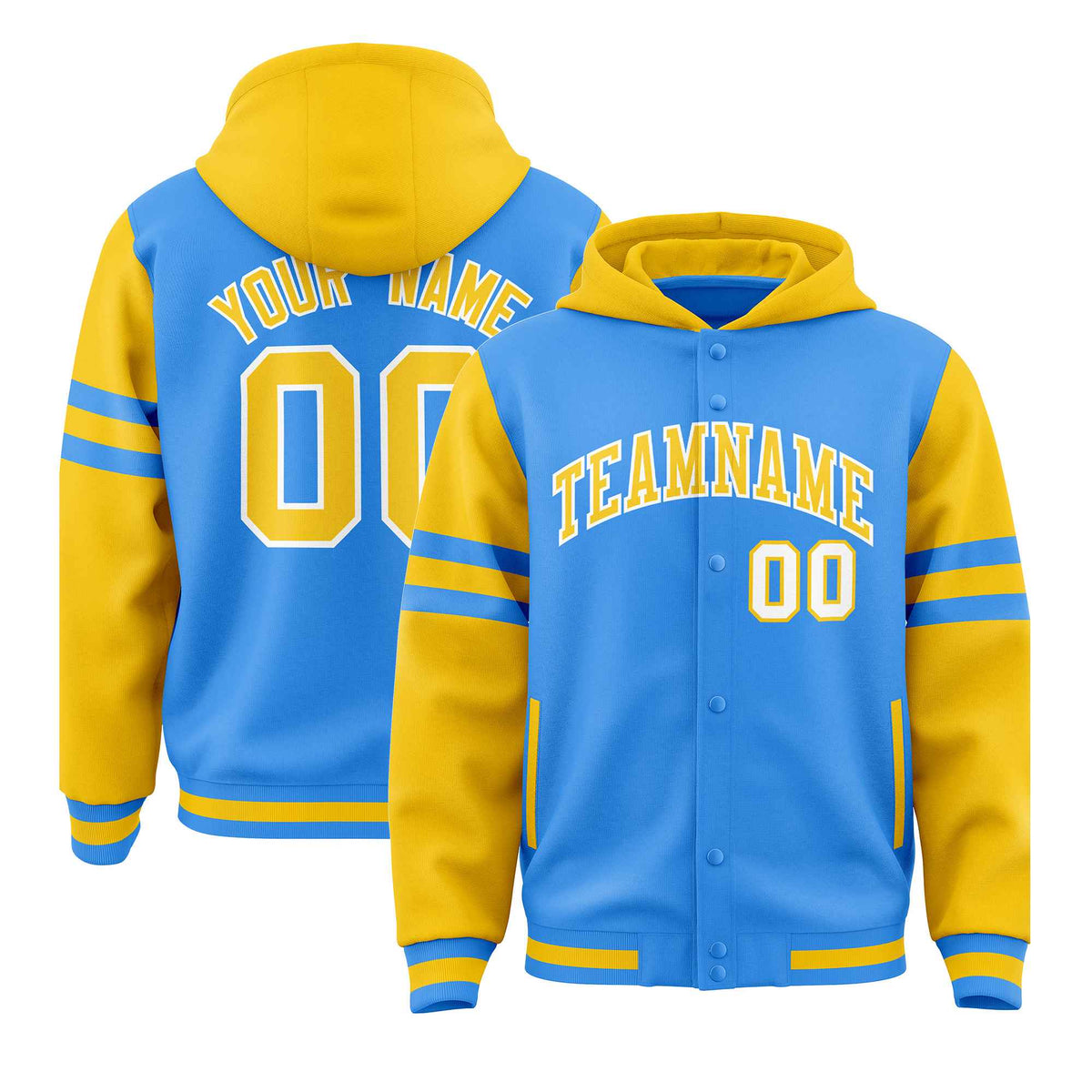 Custom Powder Blue Gold Raglan Sleeves Varsity Full-Snap Letterman Three Stripes Jacket Hoodie| KXKSHOP