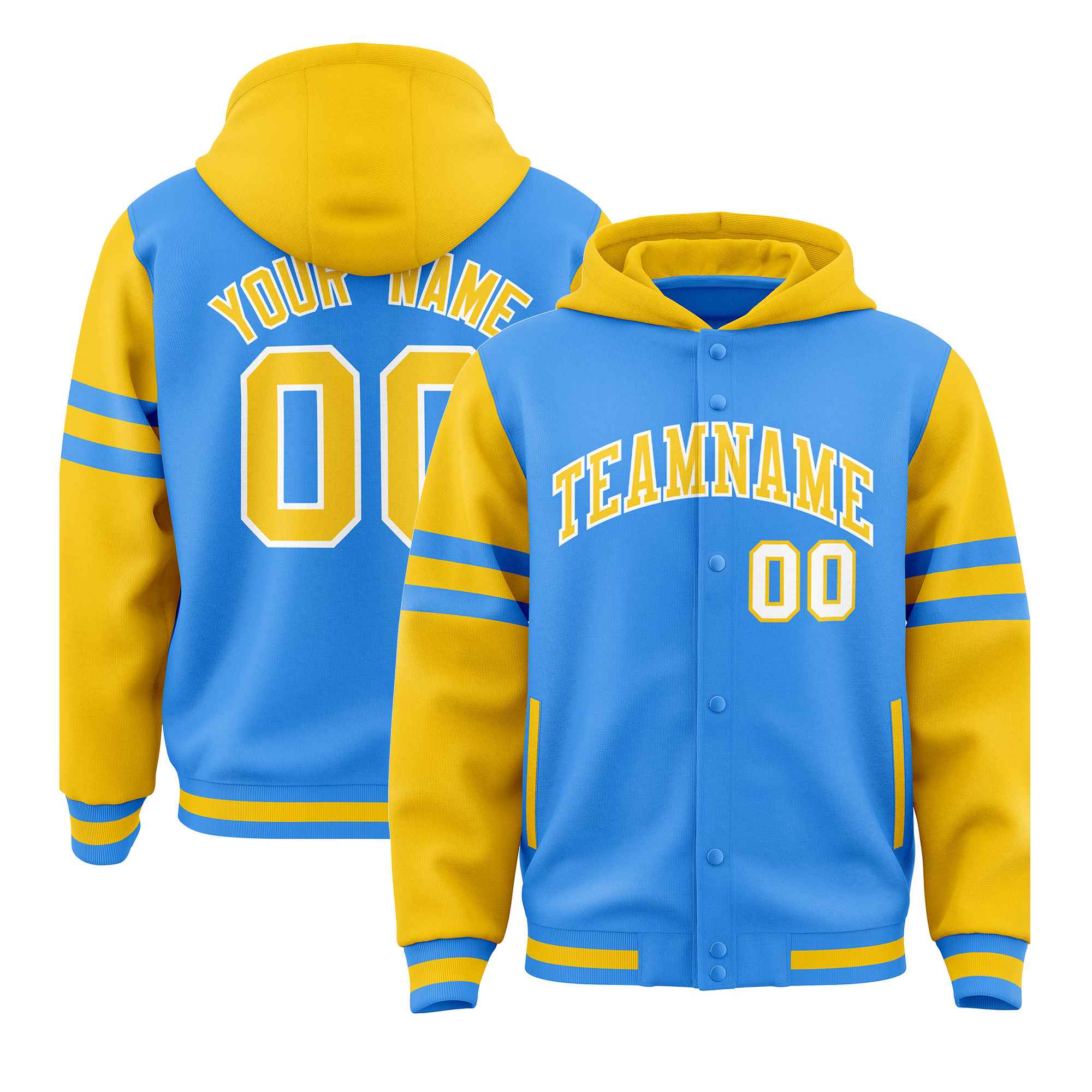 Custom Powder Blue Gold Raglan Sleeves Varsity Full-Snap Letterman Three Stripes Jacket Hoodie| KXKSHOP