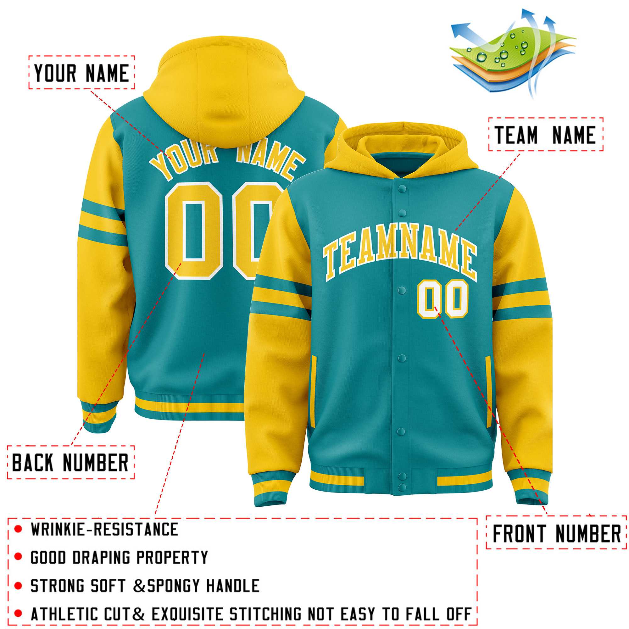 Custom Aqua Gold Raglan Sleeves Varsity Full-Snap Letterman Three Stripes Jacket Hoodie| KXKSHOP