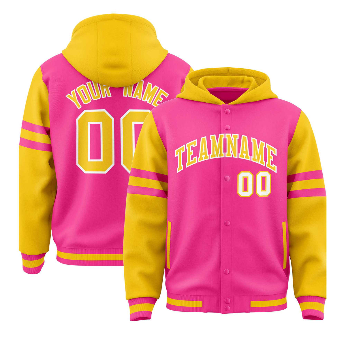 Custom Pink Gold Raglan Sleeves Varsity Full-Snap Letterman Three Stripes Jacket Hoodie| KXKSHOP