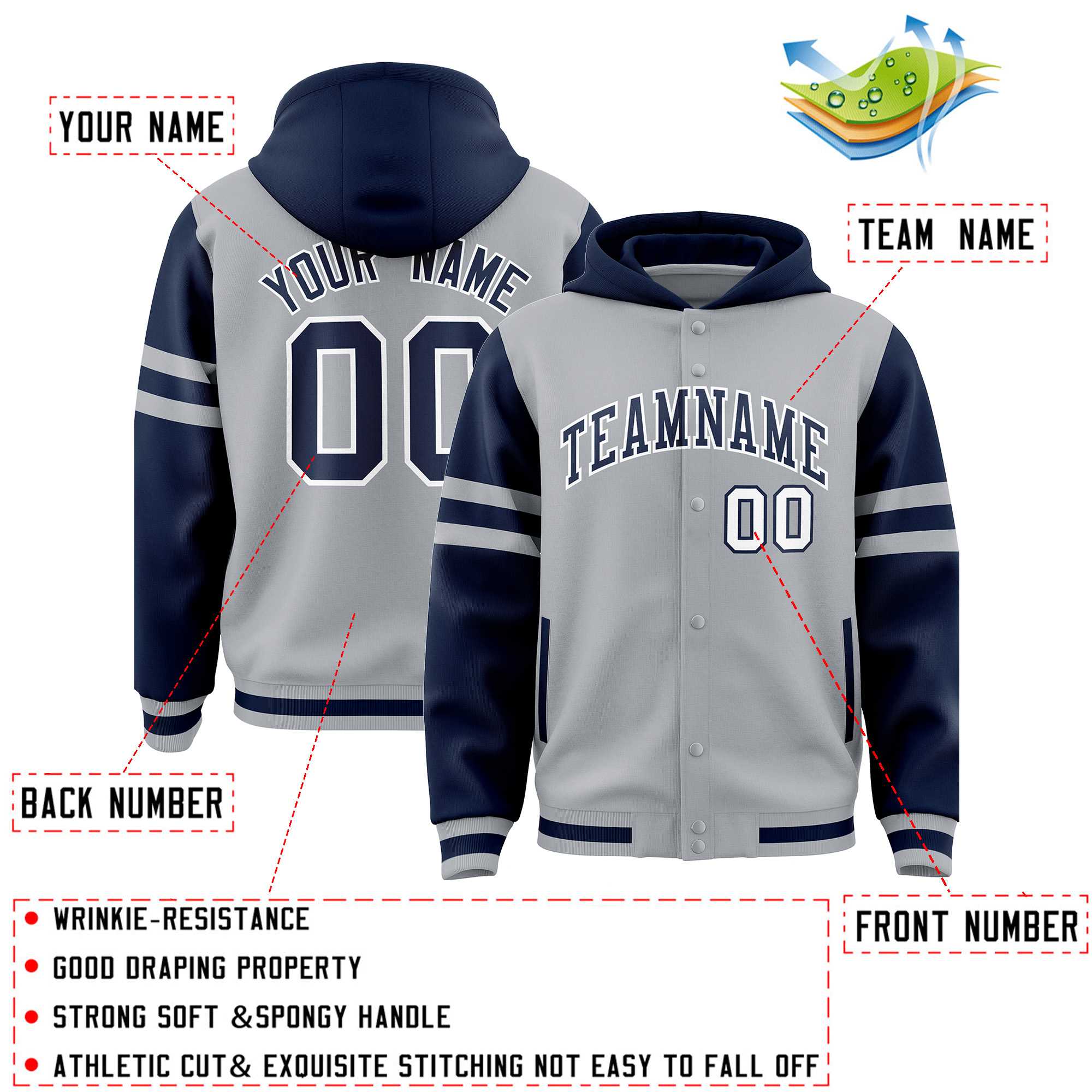 Custom Silver Navy Raglan Sleeves Varsity Full-Snap Letterman Three Stripes Jacket Hoodie| KXKSHOP
