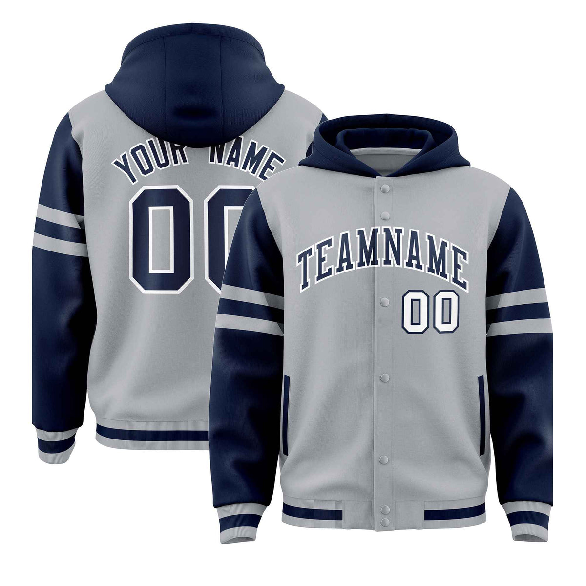 Custom Silver Navy Raglan Sleeves Varsity Full-Snap Letterman Three Stripes Jacket Hoodie| KXKSHOP