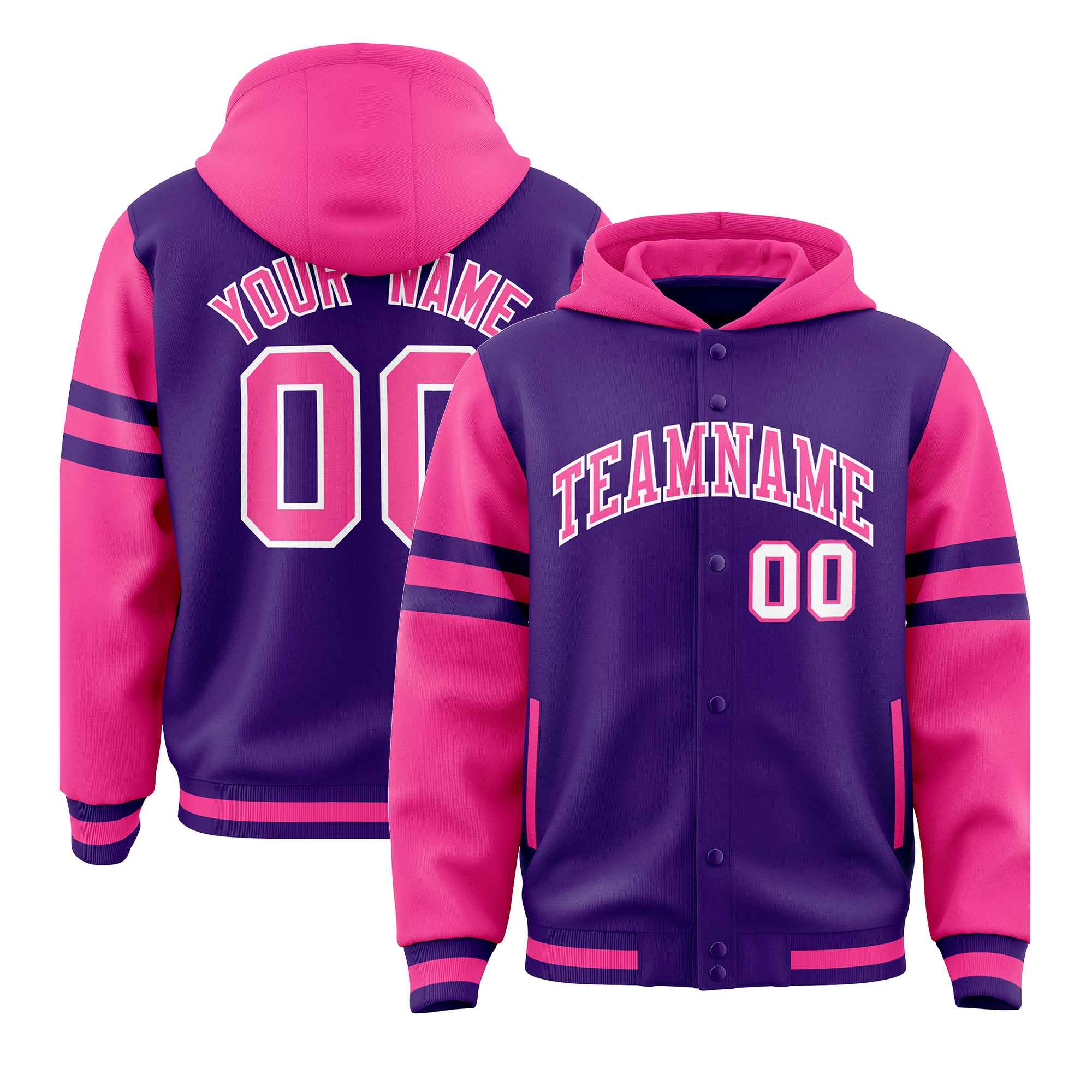 Custom Purple Pink Raglan Sleeves Varsity Full-Snap Letterman Three Stripes Jacket Hoodie| KXKSHOP