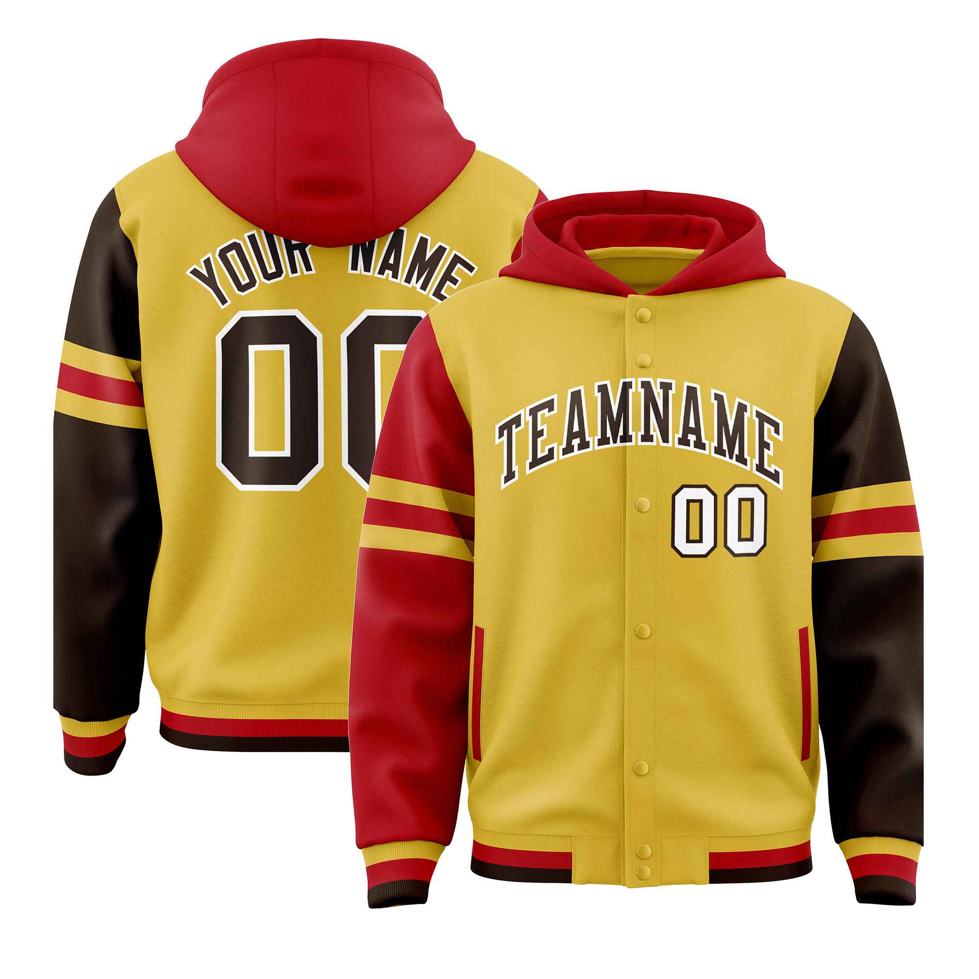 Custom Old Gold Red-Brown Raglan Sleeves Varsity Full-Snap Letterman Three Stripes Jacket Hoodie| KXKSHOP