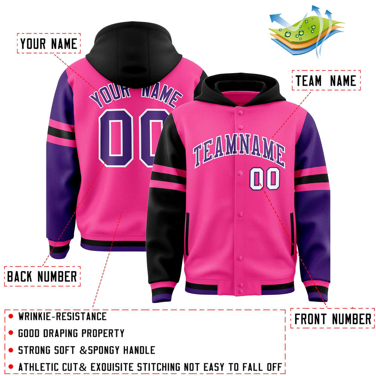 Custom Pink Black-Purple Raglan Sleeves Varsity Full-Snap Letterman Three Stripes Jacket Hoodie| KXKSHOP