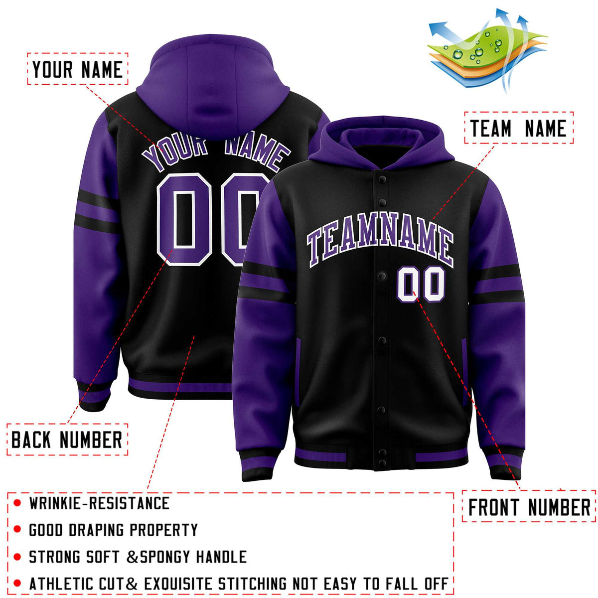Custom Black Purple Raglan Sleeves Varsity Full-Snap Letterman Three Stripes Jacket Hoodie| KXKSHOP
