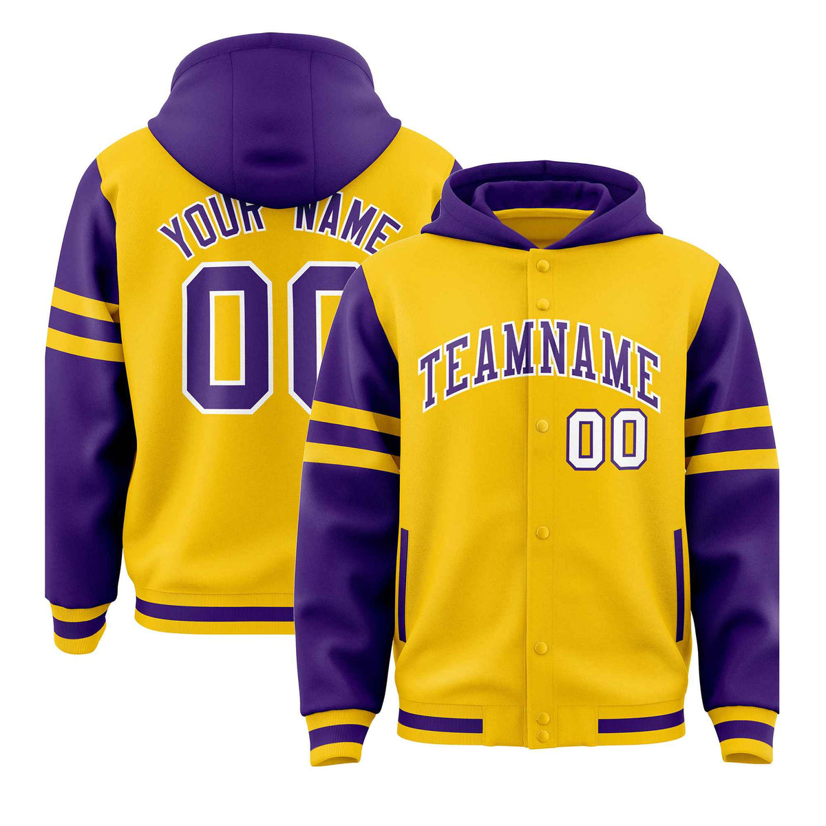Custom Gold Purple Raglan Sleeves Varsity Full-Snap Letterman Three Stripes Jacket Hoodie| KXKSHOP