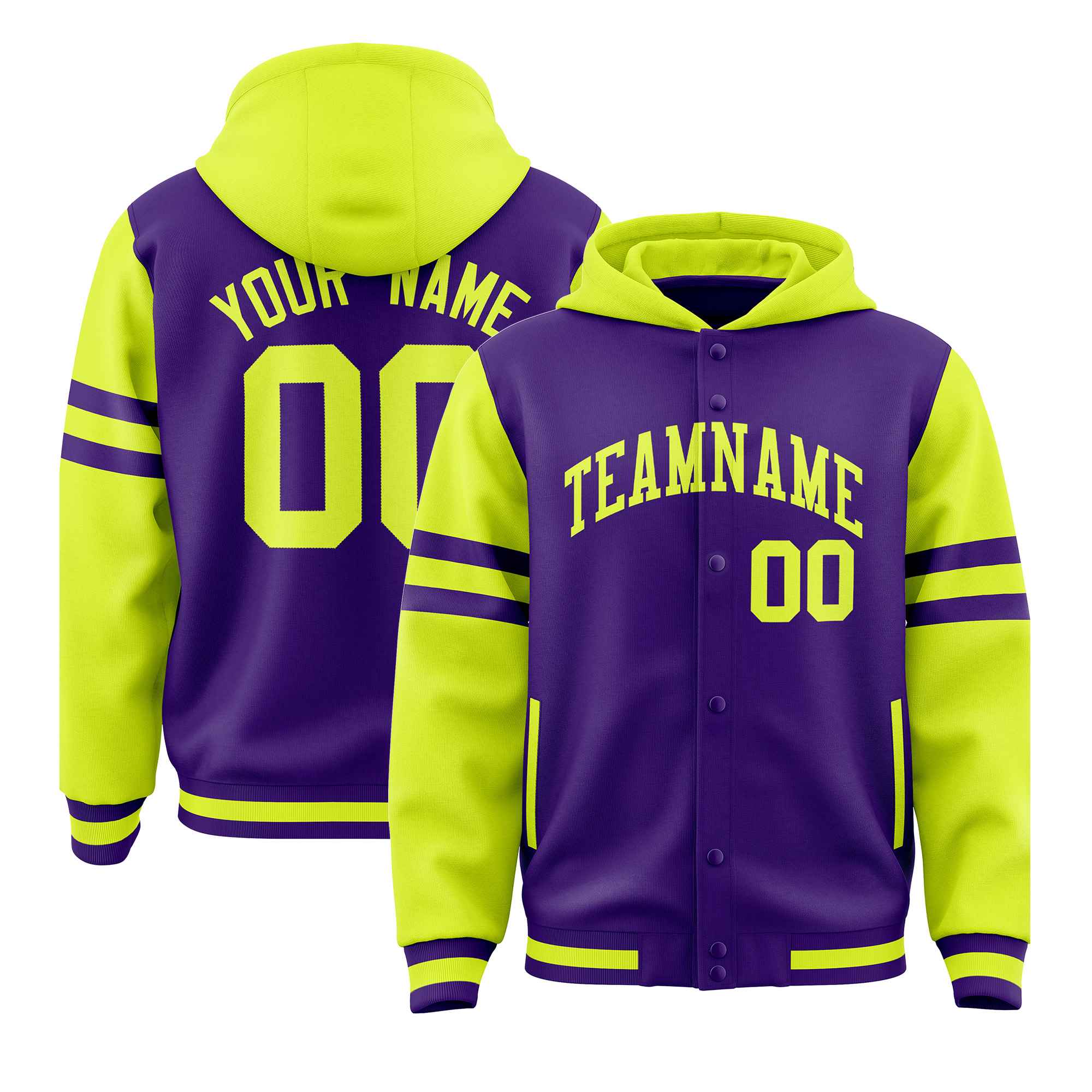 Custom Purple Fluorescent Green Raglan Sleeves Varsity Full-Snap Letterman Three Stripes Jacket Hoodie| KXKSHOP