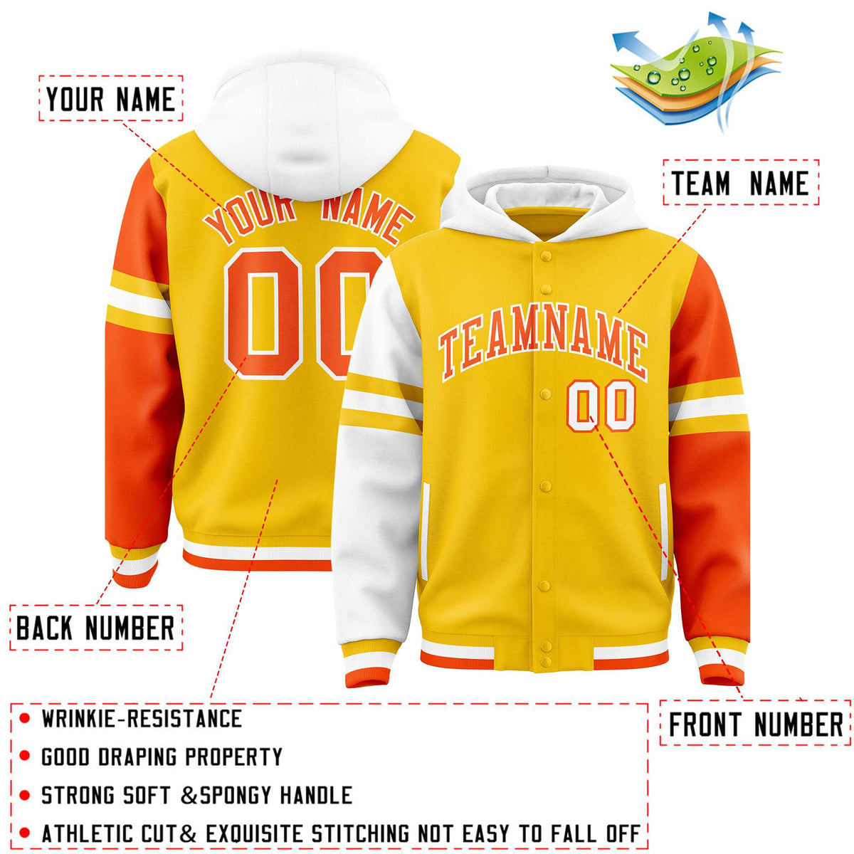 Custom Gold White-Orange Raglan Sleeves Varsity Full-Snap Letterman Three Stripes Jacket Hoodie| KXKSHOP