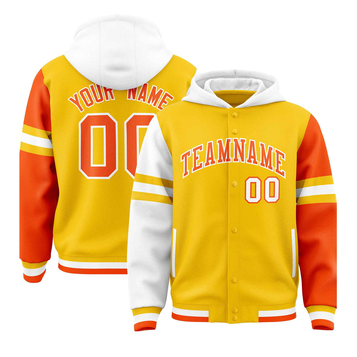 Custom Gold White-Orange Raglan Sleeves Varsity Full-Snap Letterman Three Stripes Jacket Hoodie| KXKSHOP