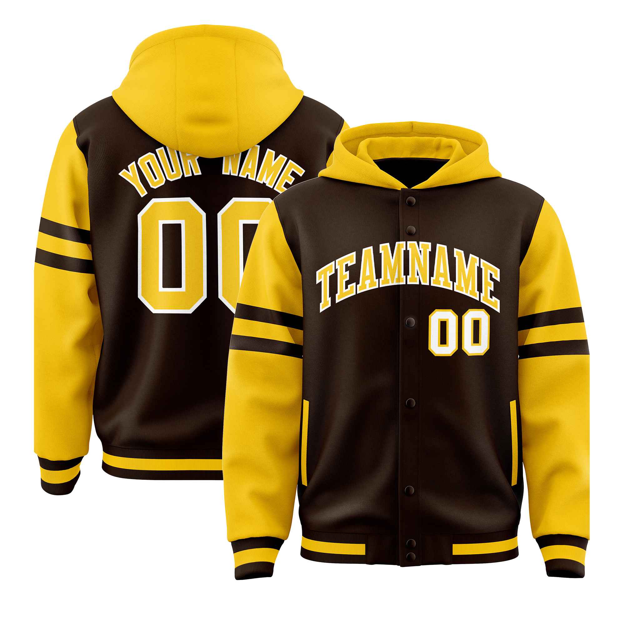 Custom Brown Gold Raglan Sleeves Varsity Full-Snap Letterman Three Stripes Jacket Hoodie| KXKSHOP