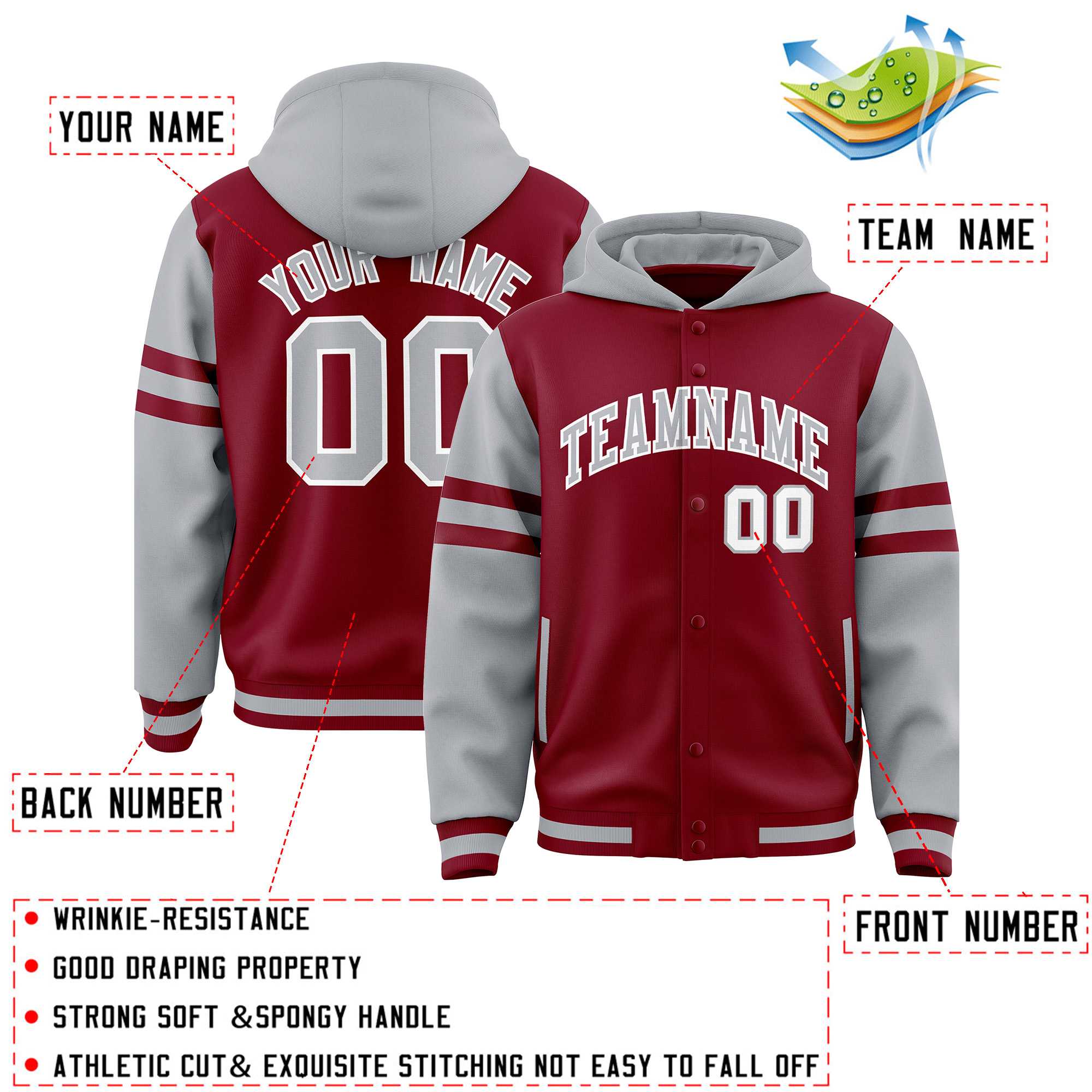 Custom Crimson Silver Raglan Sleeves Varsity Full-Snap Letterman Three Stripes Jacket Hoodie| KXKSHOP