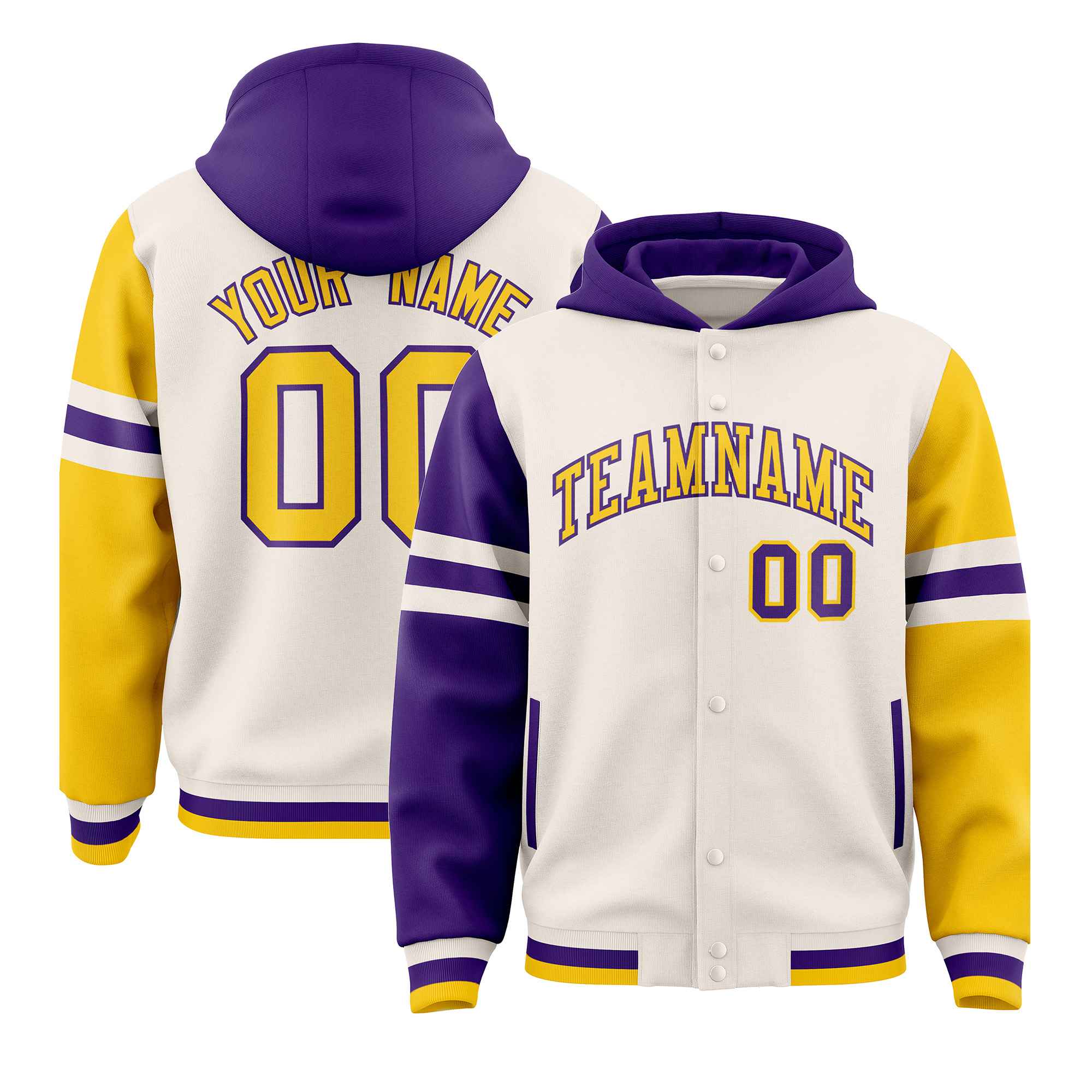 Custom Cream Purple-Gold Raglan Sleeves Varsity Full-Snap Letterman Three Stripes Jacket Hoodie| KXKSHOP