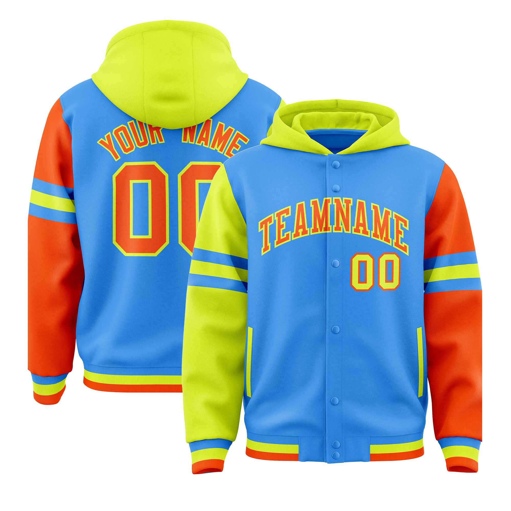 Custom Powder Blue Fluorescent Green-Orange Raglan Sleeves Varsity Full-Snap Letterman Three Stripes Jacket Hoodie| KXKSHOP