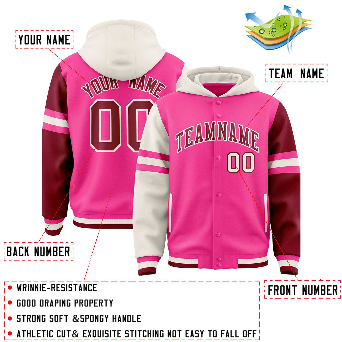Custom Pink Cream-Crimson Raglan Sleeves Varsity Full-Snap Letterman Three Stripes Jacket Hoodie| KXKSHOP