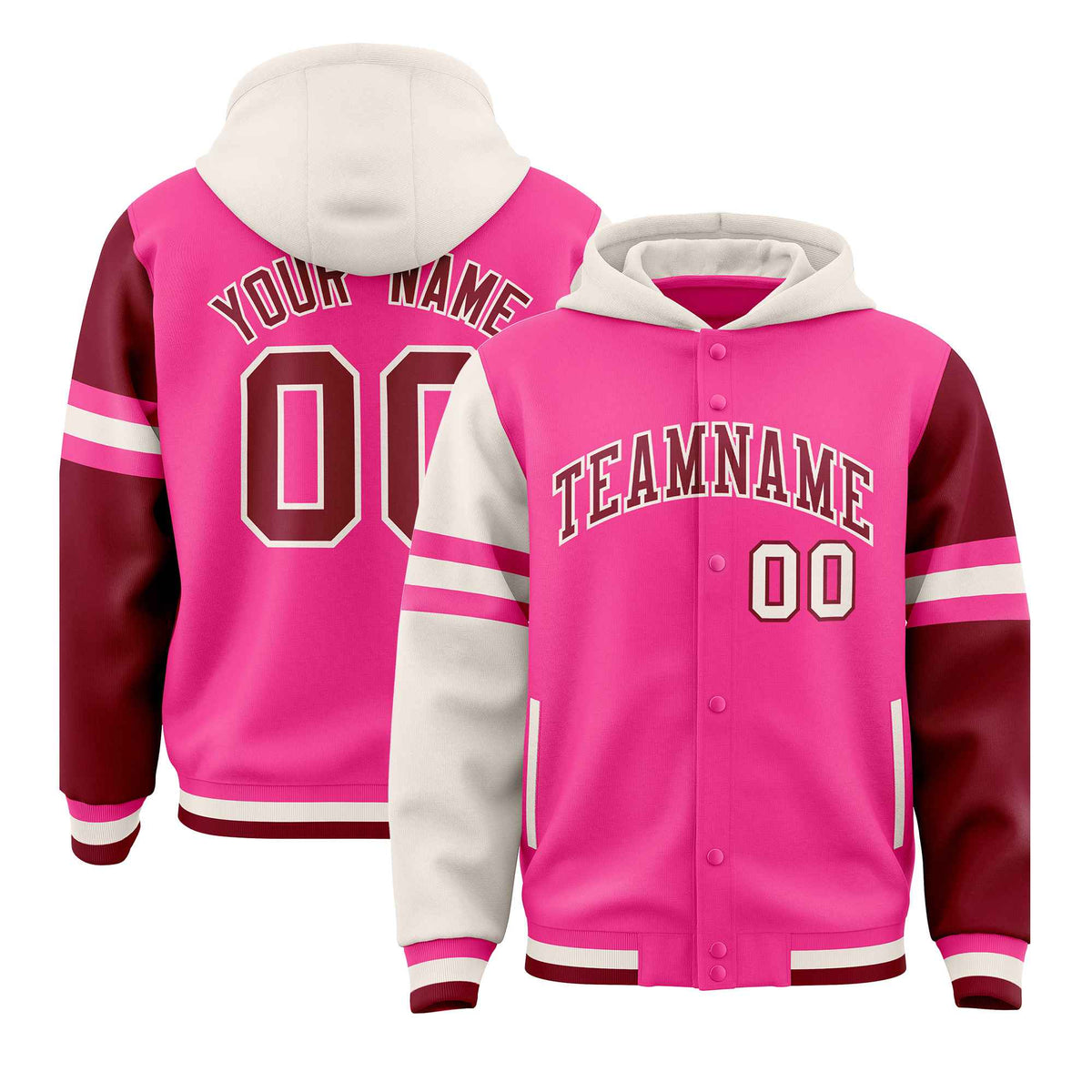 Custom Pink Cream-Crimson Raglan Sleeves Varsity Full-Snap Letterman Three Stripes Jacket Hoodie| KXKSHOP