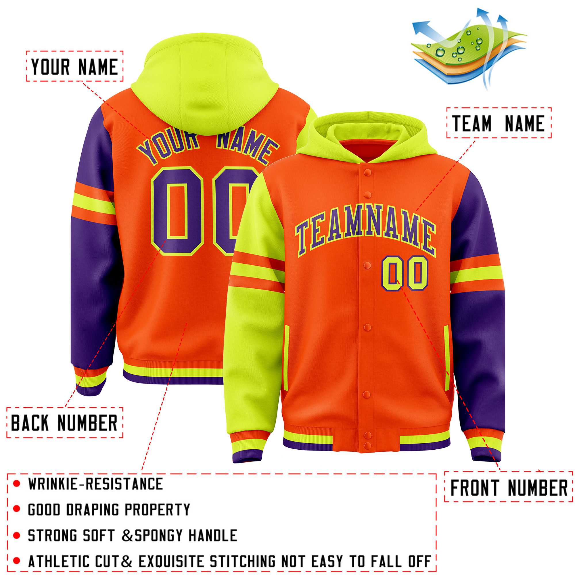 Custom Orange Fluorescent Green-Purple Raglan Sleeves Varsity Full-Snap Letterman Three Stripes Jacket Hoodie| KXKSHOP