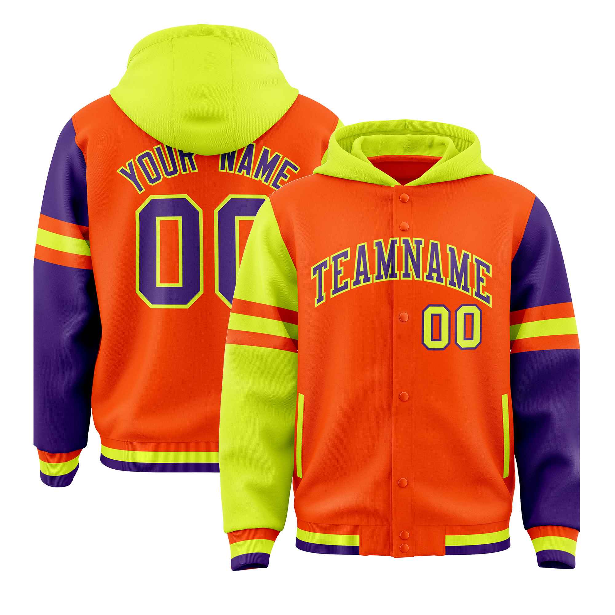 Custom Orange Fluorescent Green-Purple Raglan Sleeves Varsity Full-Snap Letterman Three Stripes Jacket Hoodie| KXKSHOP