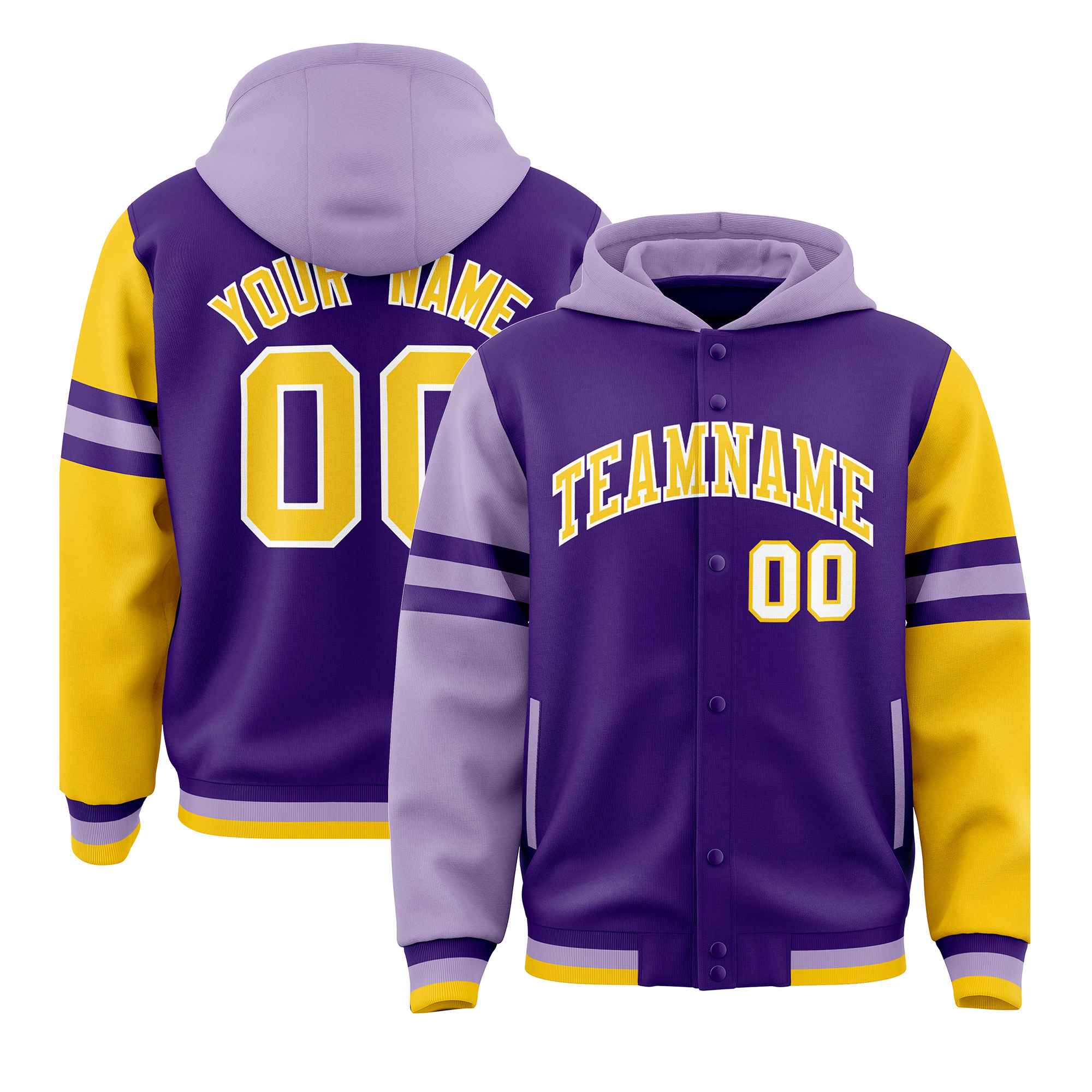 Custom Purple Light Purple-Gold Raglan Sleeves Varsity Full-Snap Letterman Three Stripes Jacket Hoodie| KXKSHOP