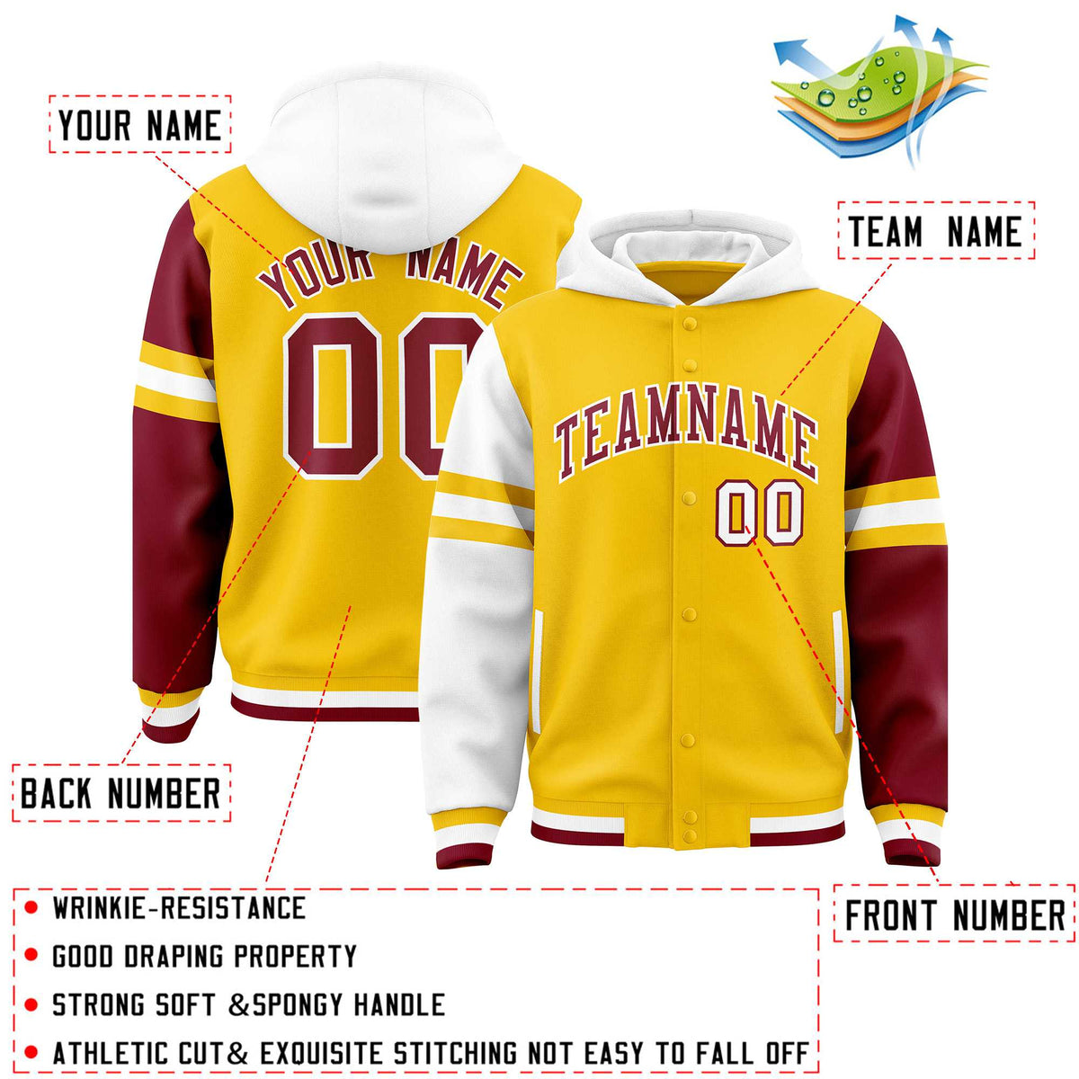 Custom Gold White-Crimson Raglan Sleeves Varsity Full-Snap Letterman Three Stripes Jacket Hoodie| KXKSHOP