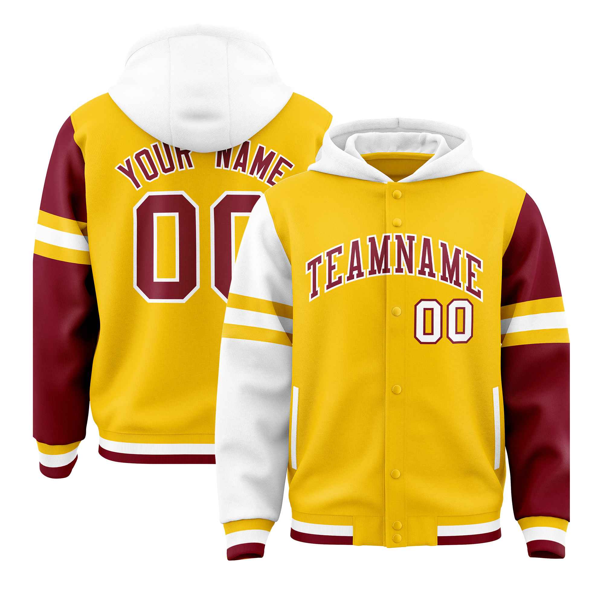 Custom Gold White-Crimson Raglan Sleeves Varsity Full-Snap Letterman Three Stripes Jacket Hoodie| KXKSHOP