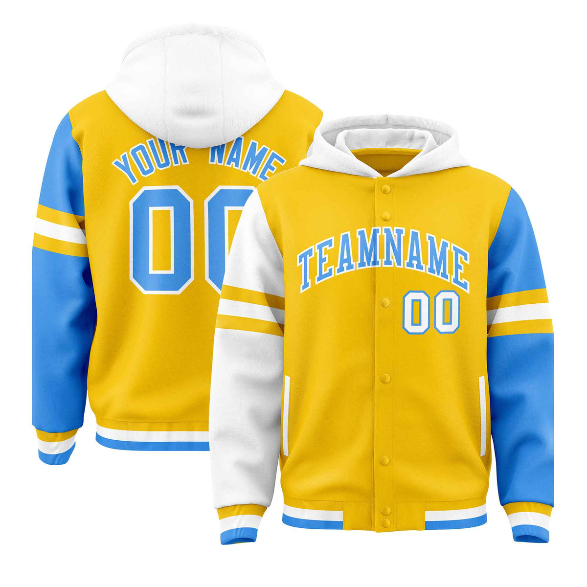 Custom Gold White-Powder Blue Raglan Sleeves Varsity Full-Snap Letterman Three Stripes Jacket Hoodie| KXKSHOP
