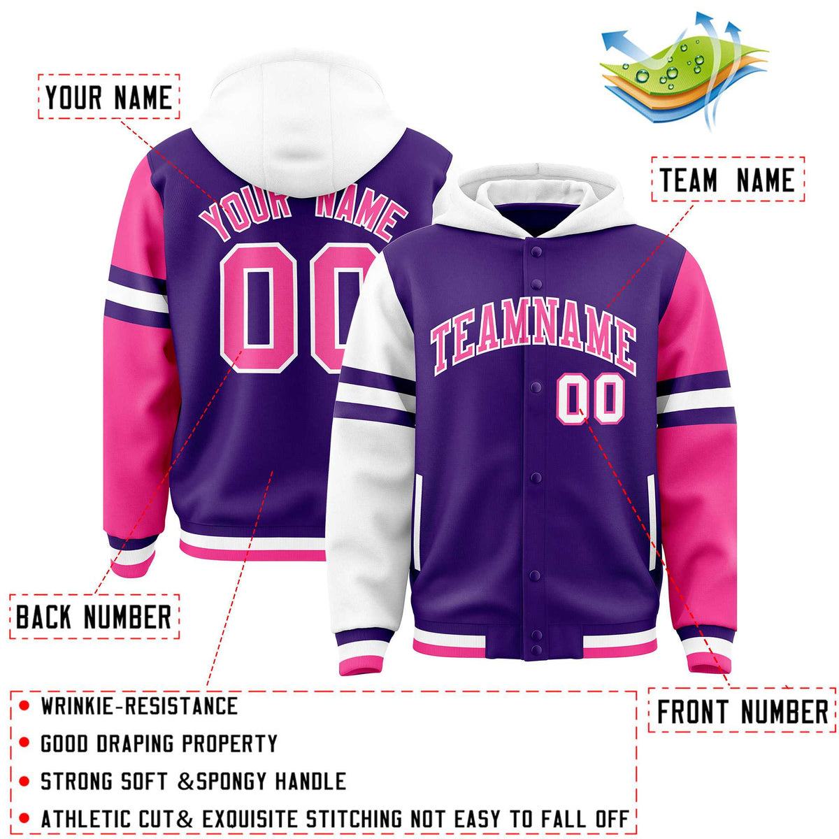 Custom Purple White-Pink Raglan Sleeves Varsity Full-Snap Letterman Three Stripes Jacket Hoodie| KXKSHOP