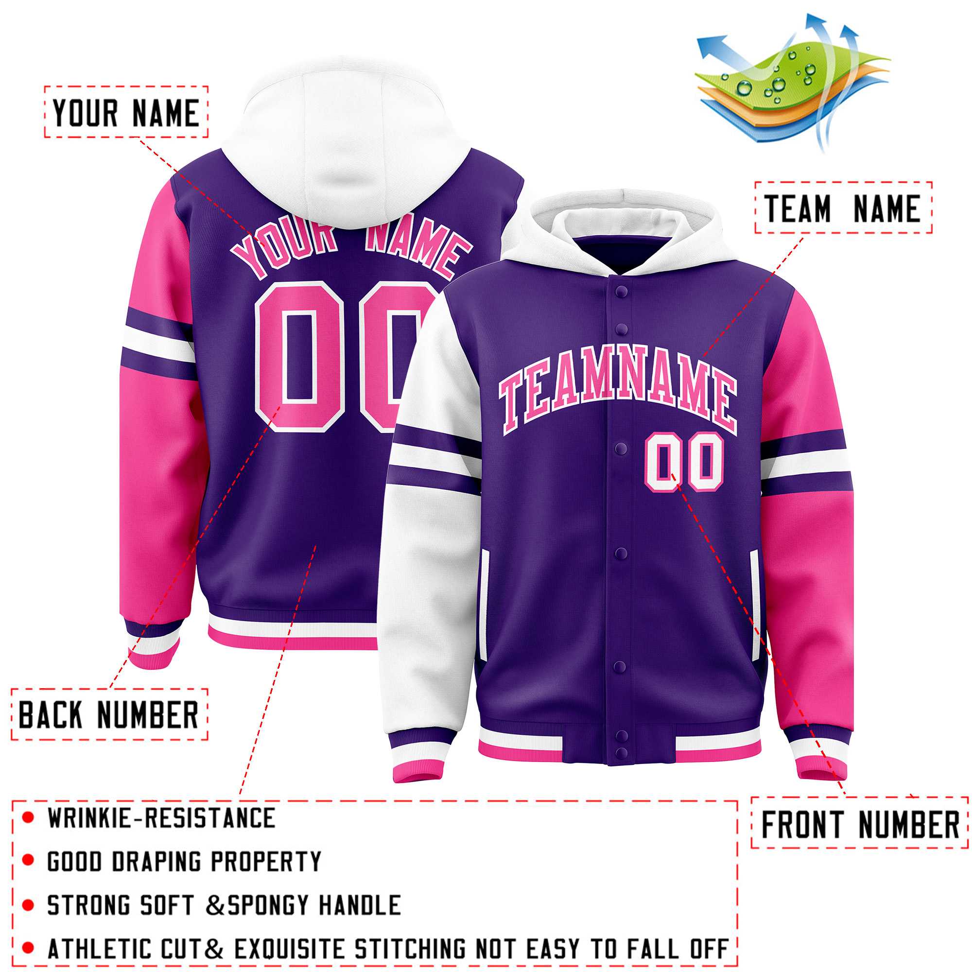 Custom Purple White-Pink Raglan Sleeves Varsity Full-Snap Letterman Three Stripes Jacket Hoodie| KXKSHOP
