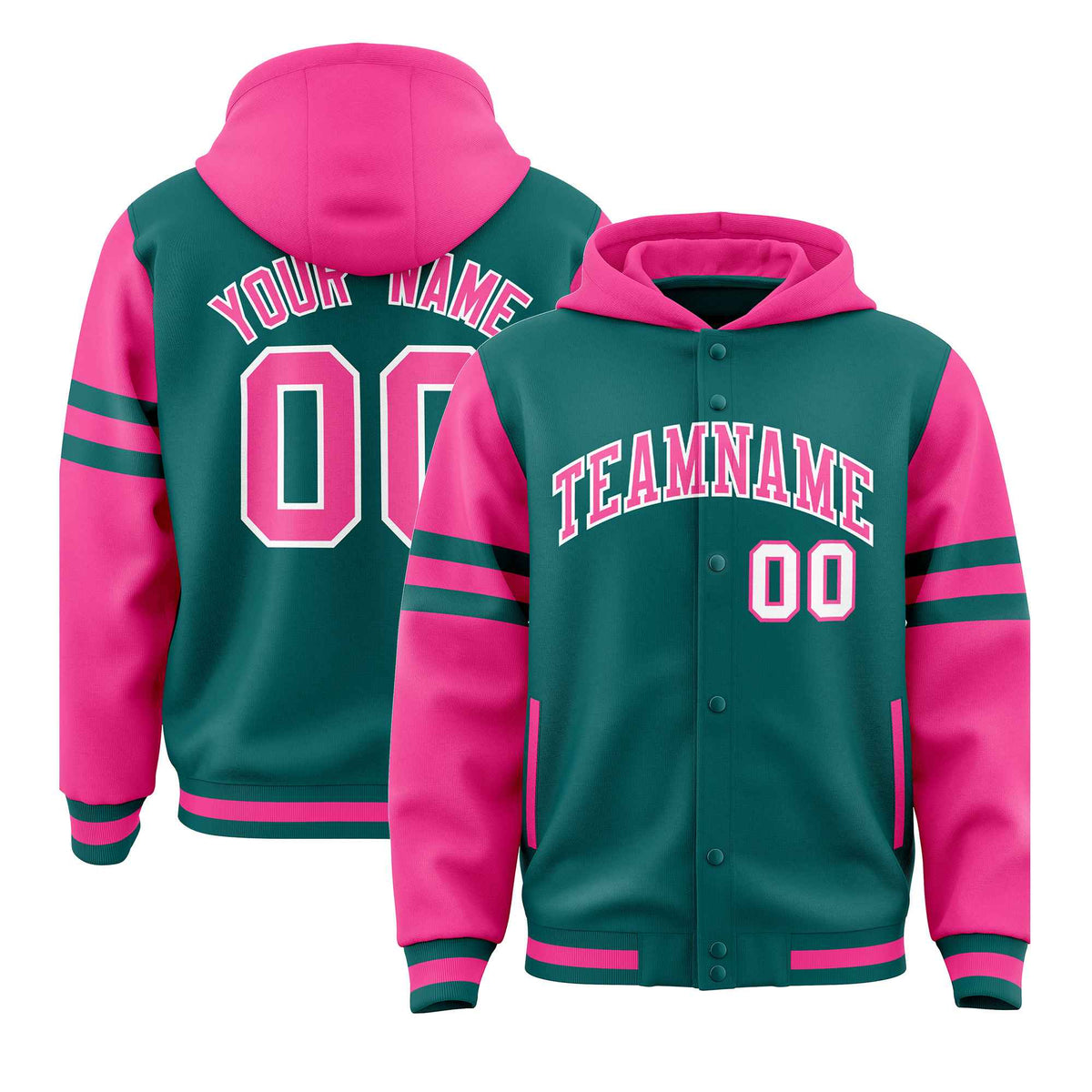 Custom Aqua Pink Raglan Sleeves Varsity Full-Snap Letterman Three Stripes Jacket Hoodie| KXKSHOP