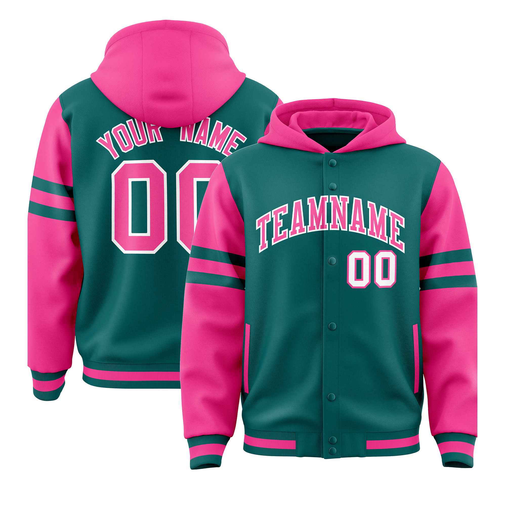 Custom Aqua Pink Raglan Sleeves Varsity Full-Snap Letterman Three Stripes Jacket Hoodie| KXKSHOP