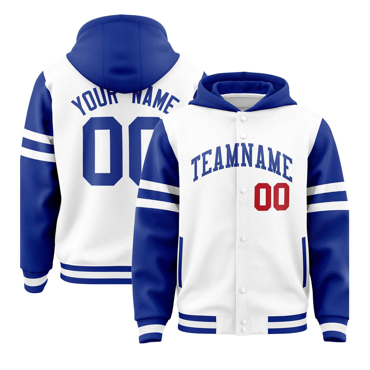 Custom White Royal Raglan Sleeves Varsity Full-Snap Letterman Three Stripes Jacket Hoodie| KXKSHOP