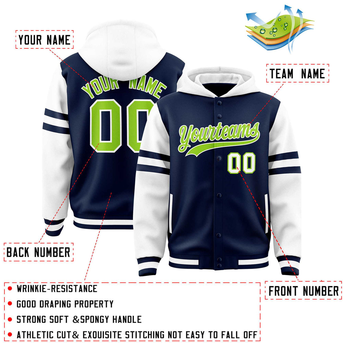 Custom Navy White Raglan Sleeves Varsity Full-Snap Letterman Three Stripes Jacket Hoodie| KXKSHOP