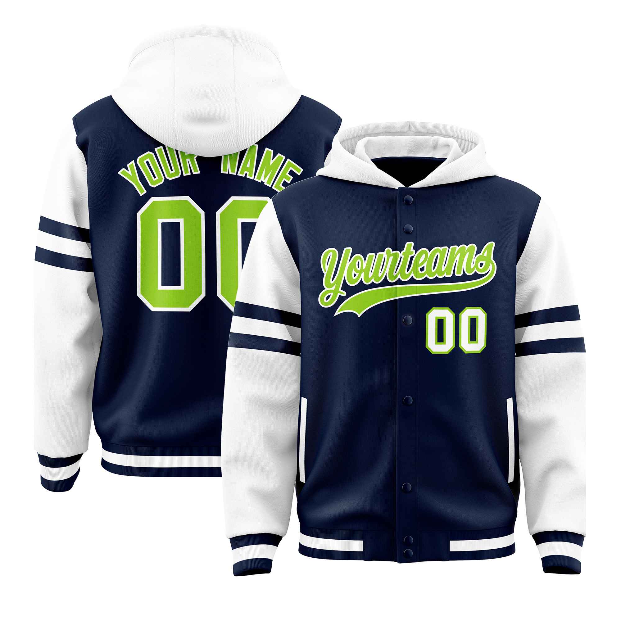Custom Navy White Raglan Sleeves Varsity Full-Snap Letterman Three Stripes Jacket Hoodie| KXKSHOP
