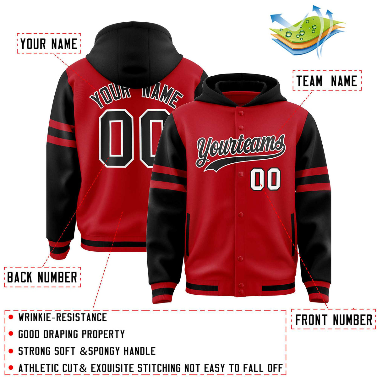 Custom Red Black Raglan Sleeves Varsity Full-Snap Letterman Three Stripes Jacket Hoodie| KXKSHOP