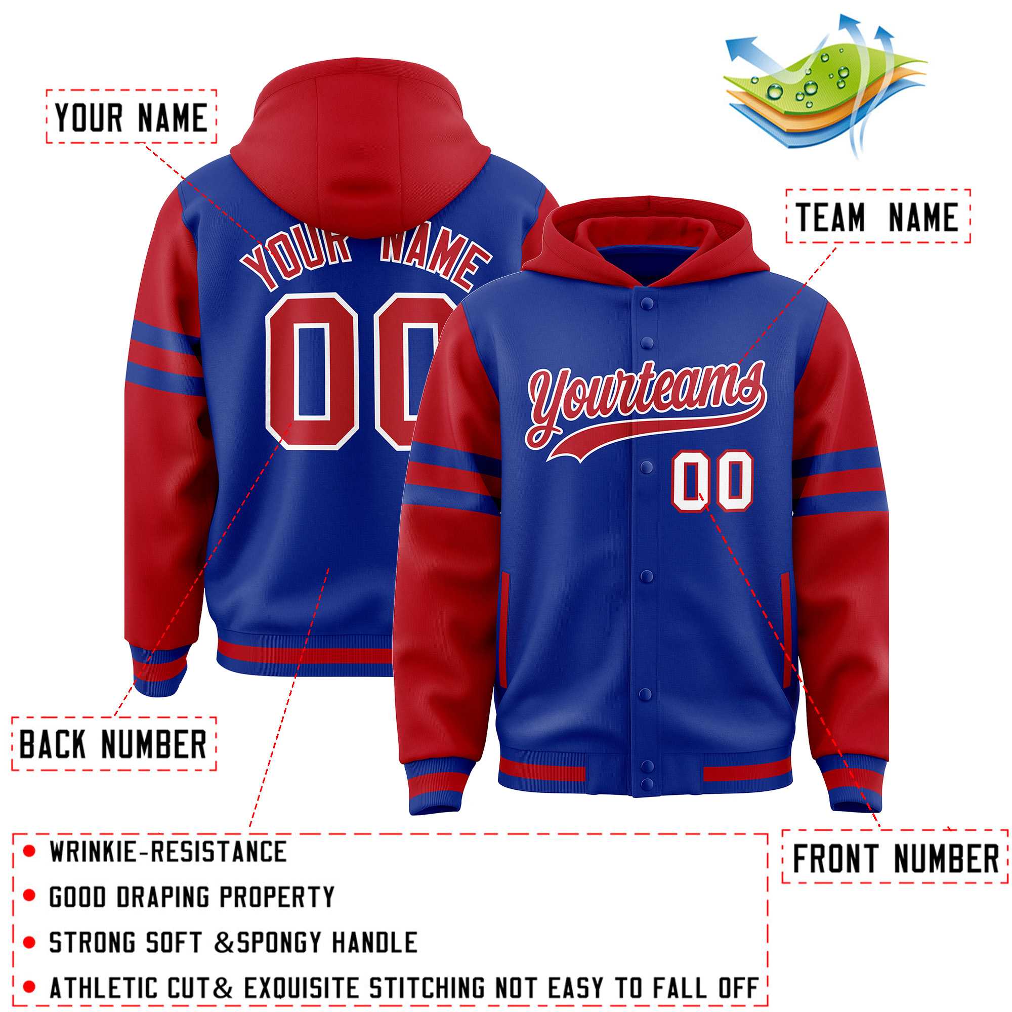 Custom Royal Red Raglan Sleeves Varsity Full-Snap Letterman Three Stripes Jacket Hoodie| KXKSHOP