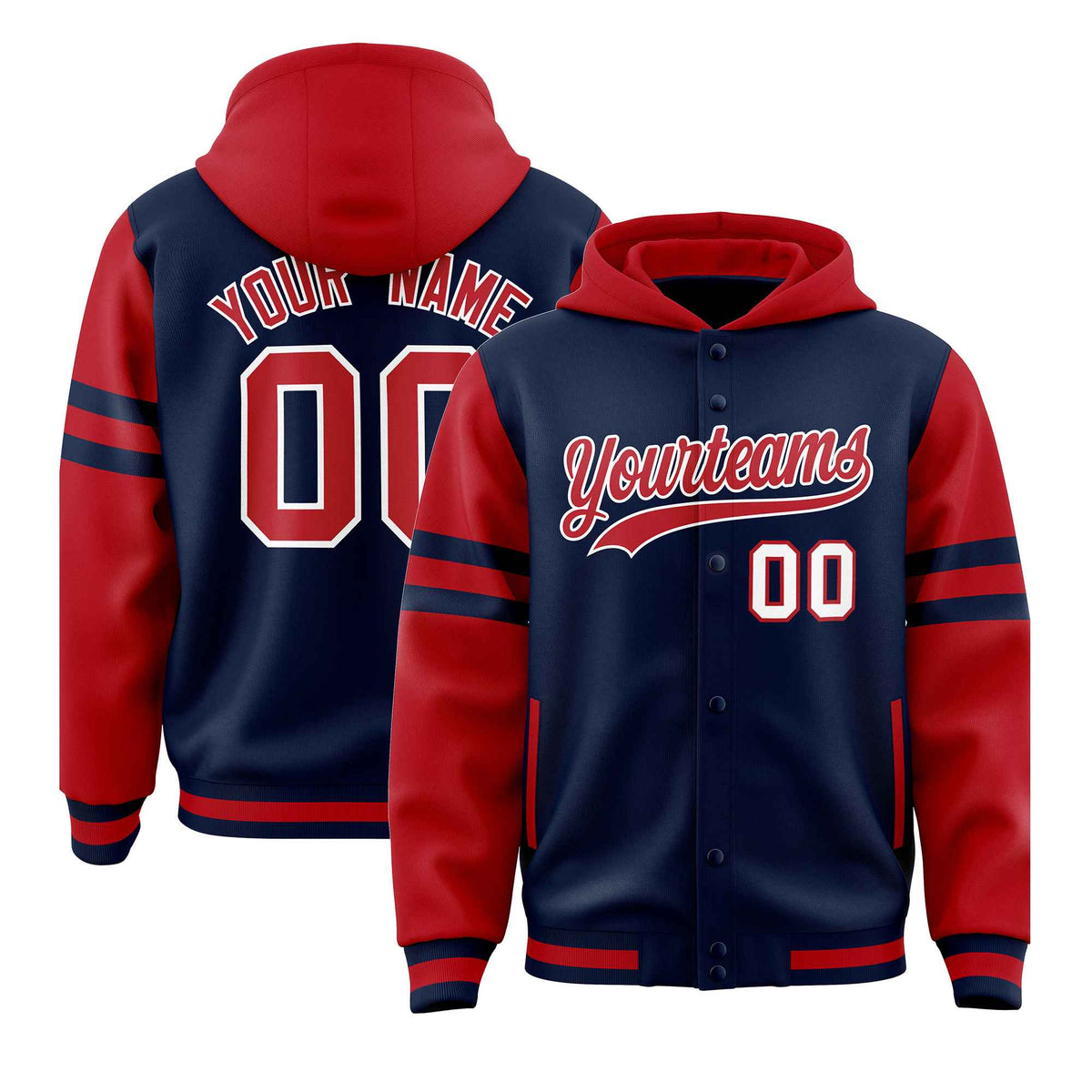 Custom Navy Red Raglan Sleeves Varsity Full-Snap Letterman Three Stripes Jacket Hoodie| KXKSHOP