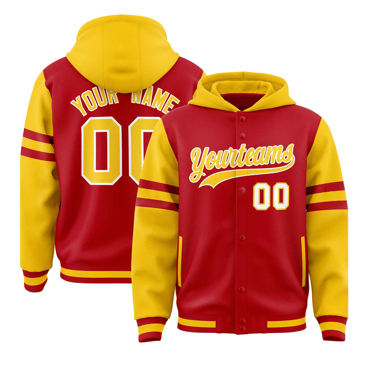 Custom Red Gold Raglan Sleeves Varsity Full-Snap Letterman Three Stripes Jacket Hoodie| KXKSHOP