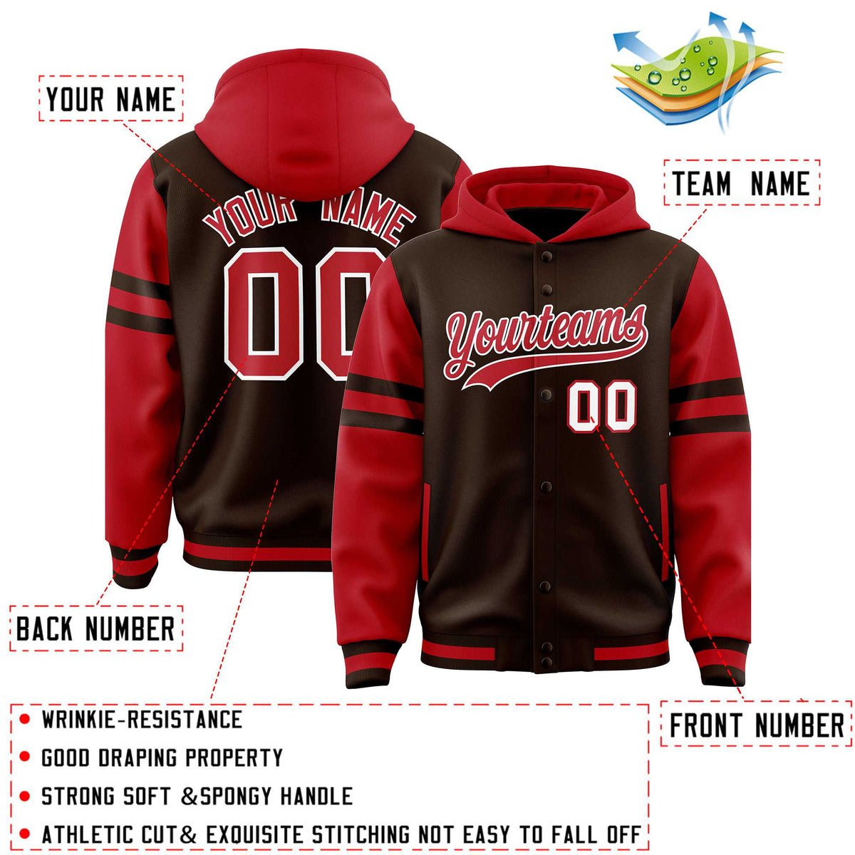 Custom Brown Red Raglan Sleeves Varsity Full-Snap Letterman Three Stripes Jacket Hoodie| KXKSHOP